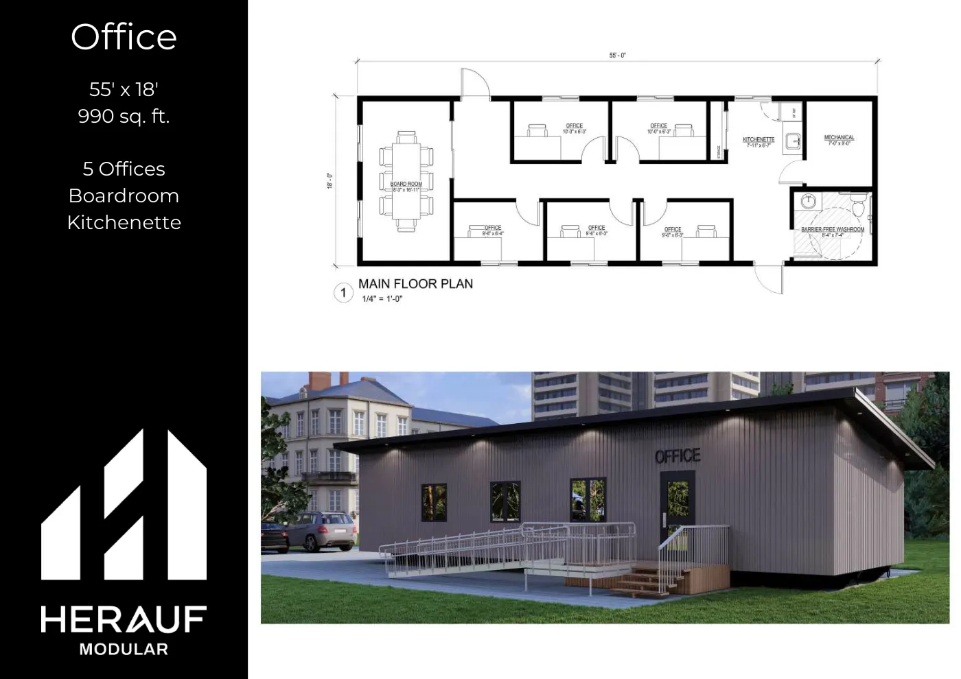 Office brochure page: floor plan and specifications