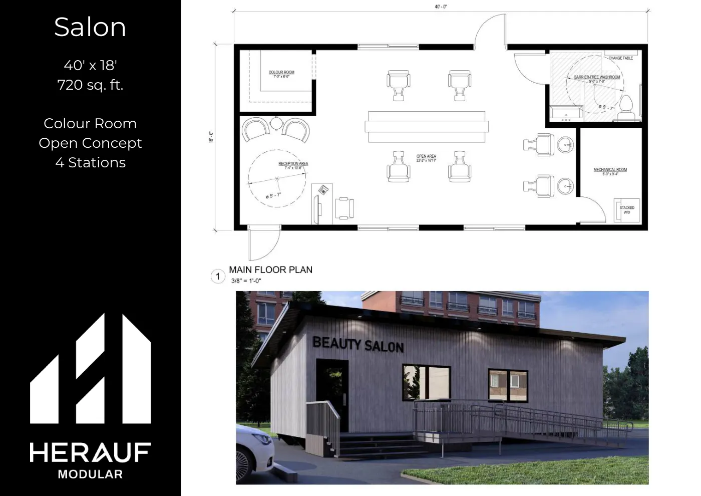 Beauty Salon brochure page: floor plan and specifications