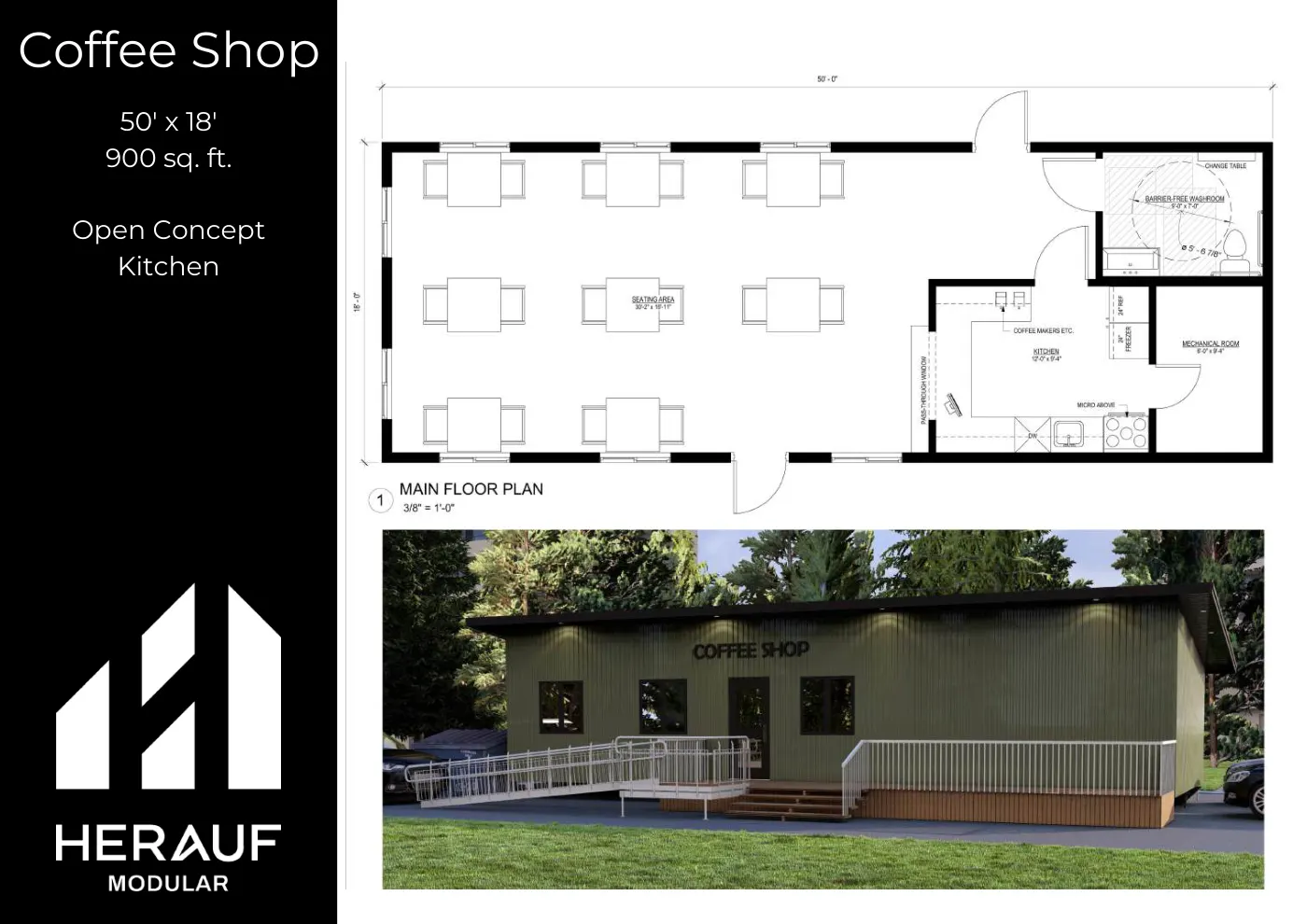 Coffee Shop brochure page: floor plan and specifications
