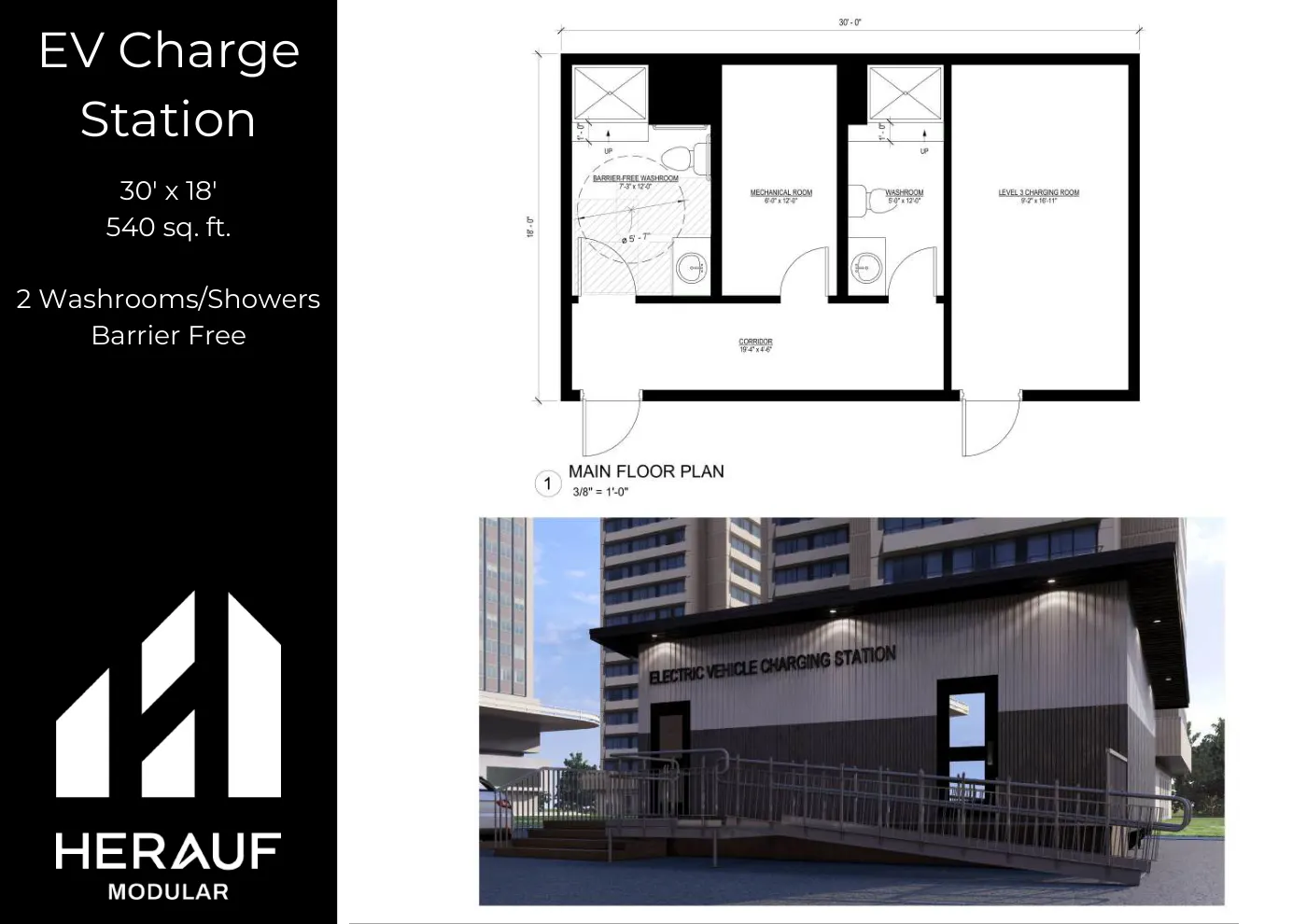 EV Charging Station brochure page: floor plan and specifications