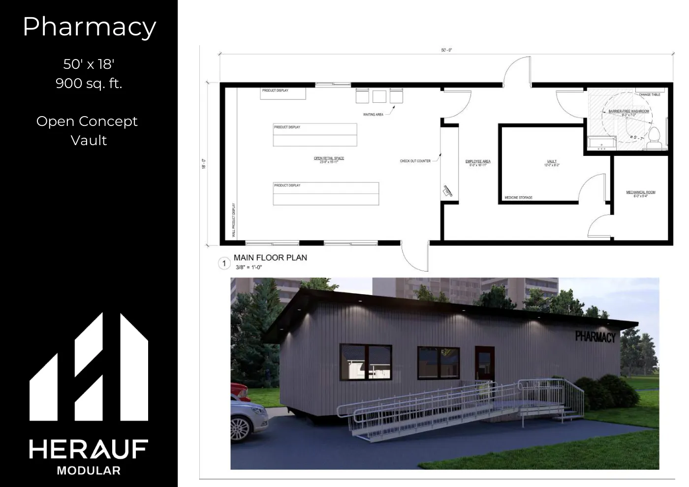 Pharmacy brochure page: floor plan and specifications