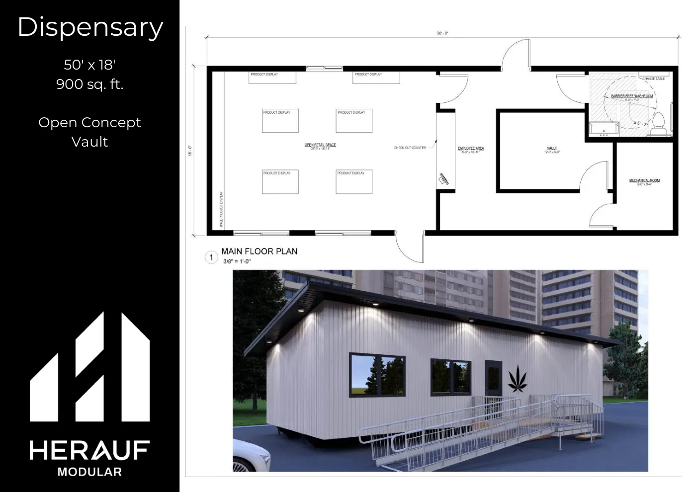 Cannabis Dispensary brochure page: floor plan and specifications