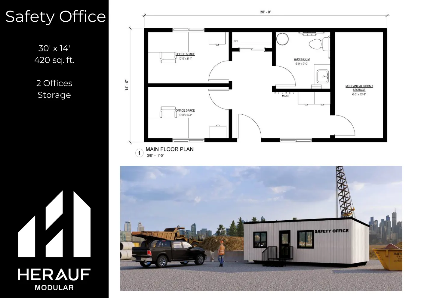 Safety Office brochure page: floor plan and specifications