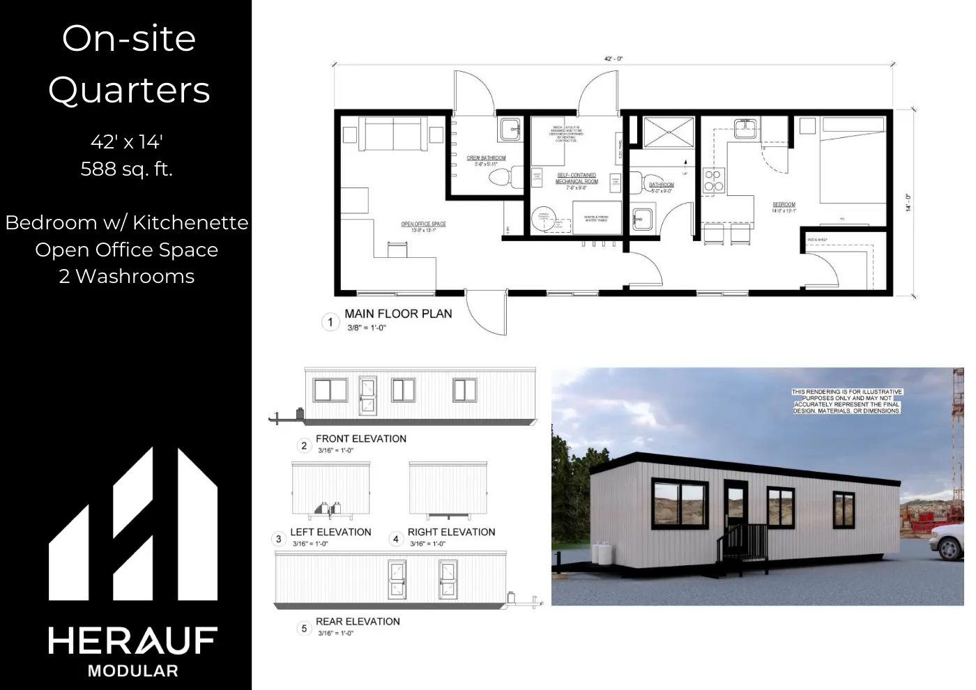 On-Site Quarters brochure page: floor plan and specifications