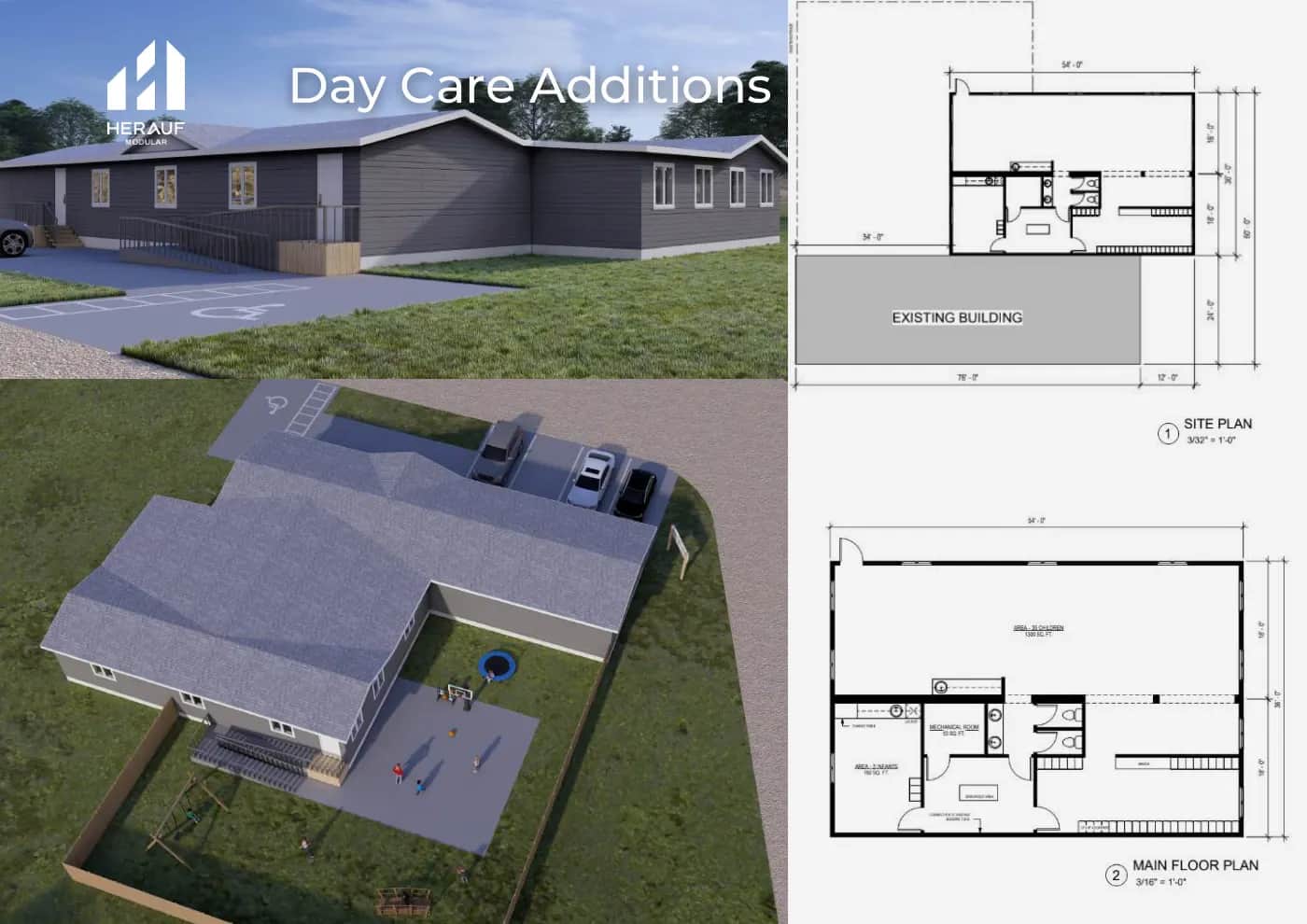 Daycare Additions brochure page: floor plan and specifications
