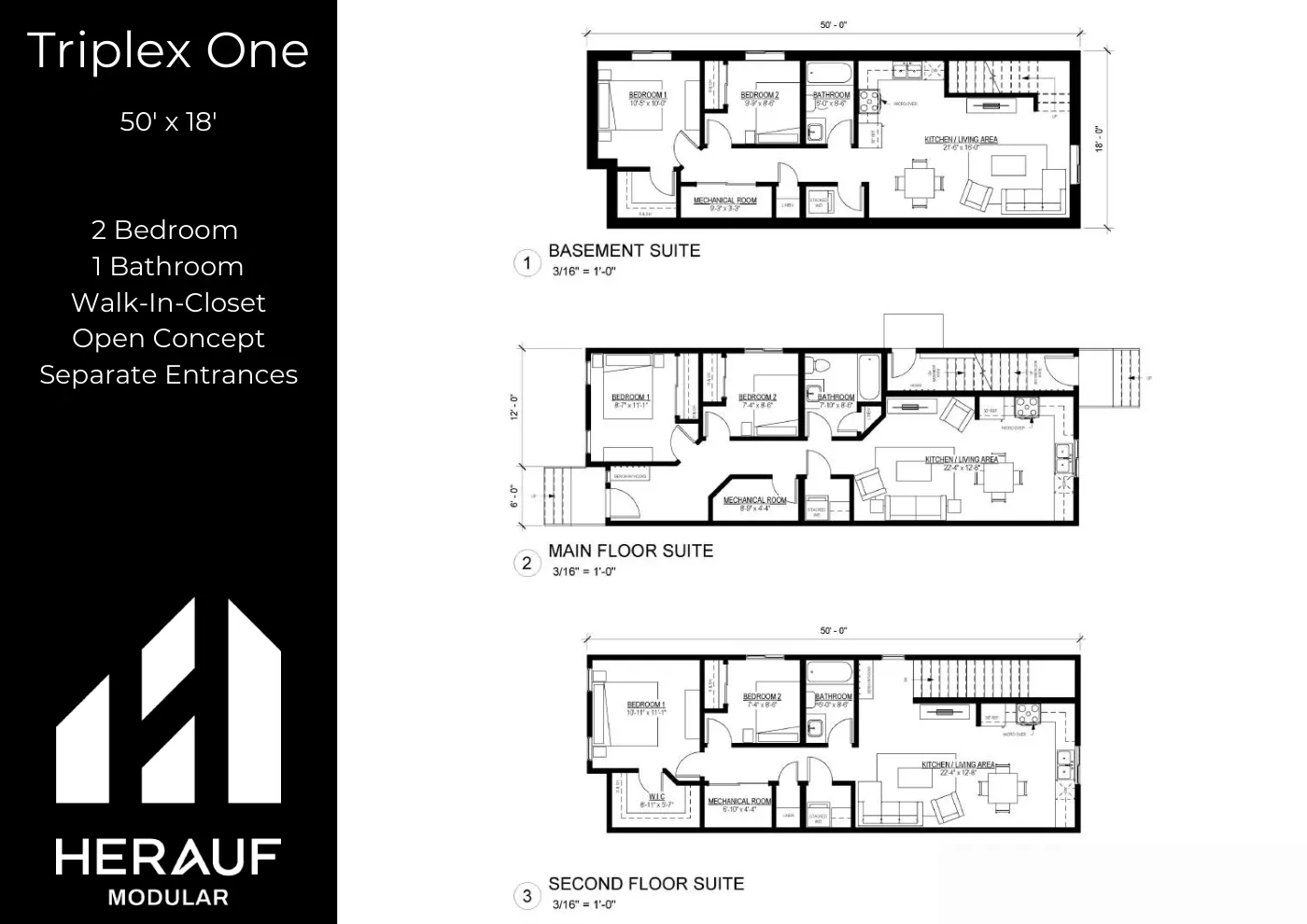 Triplex One brochure page: floor plan and specifications