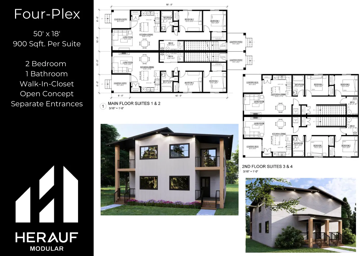 Four-Plex brochure page: floor plan and specifications