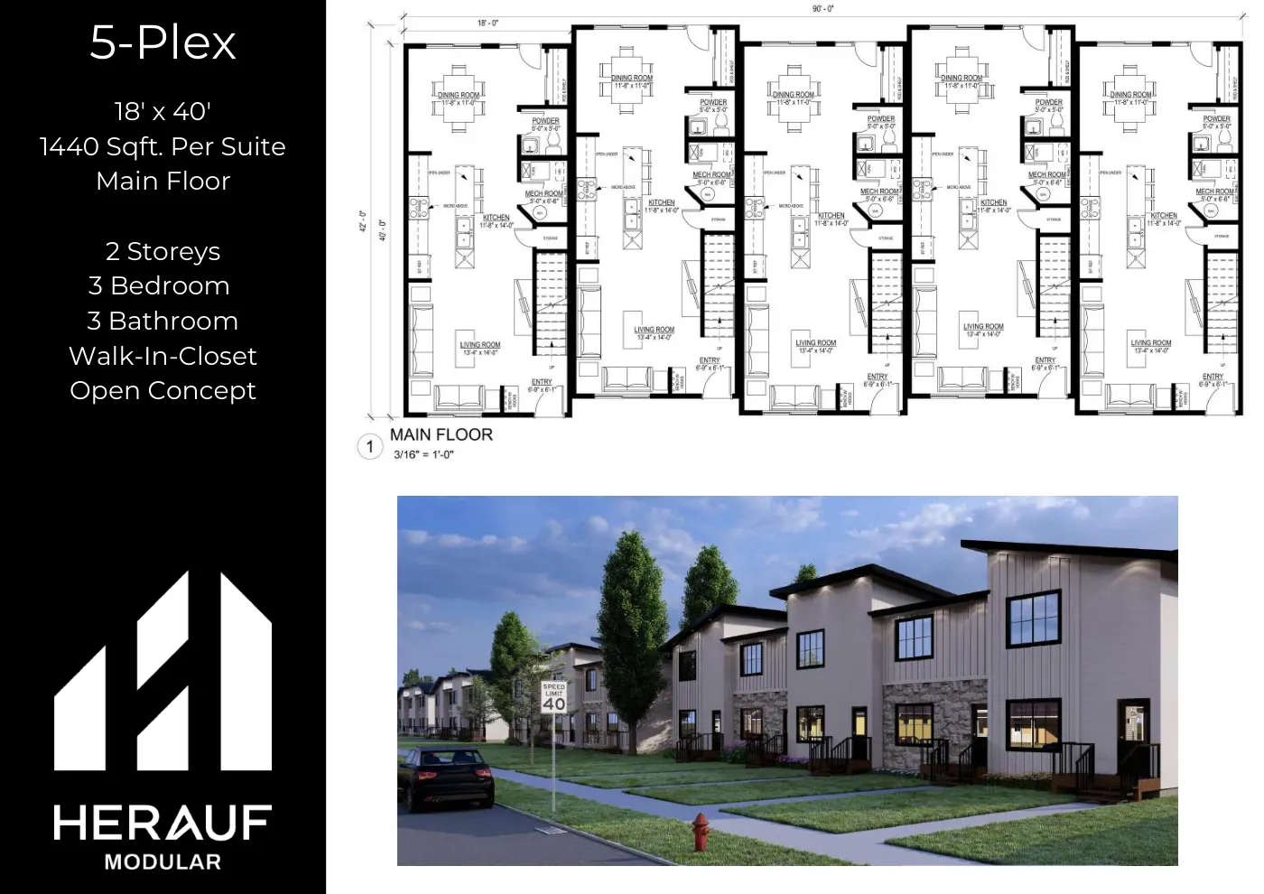 Five-Plex brochure page: floor plan and specifications