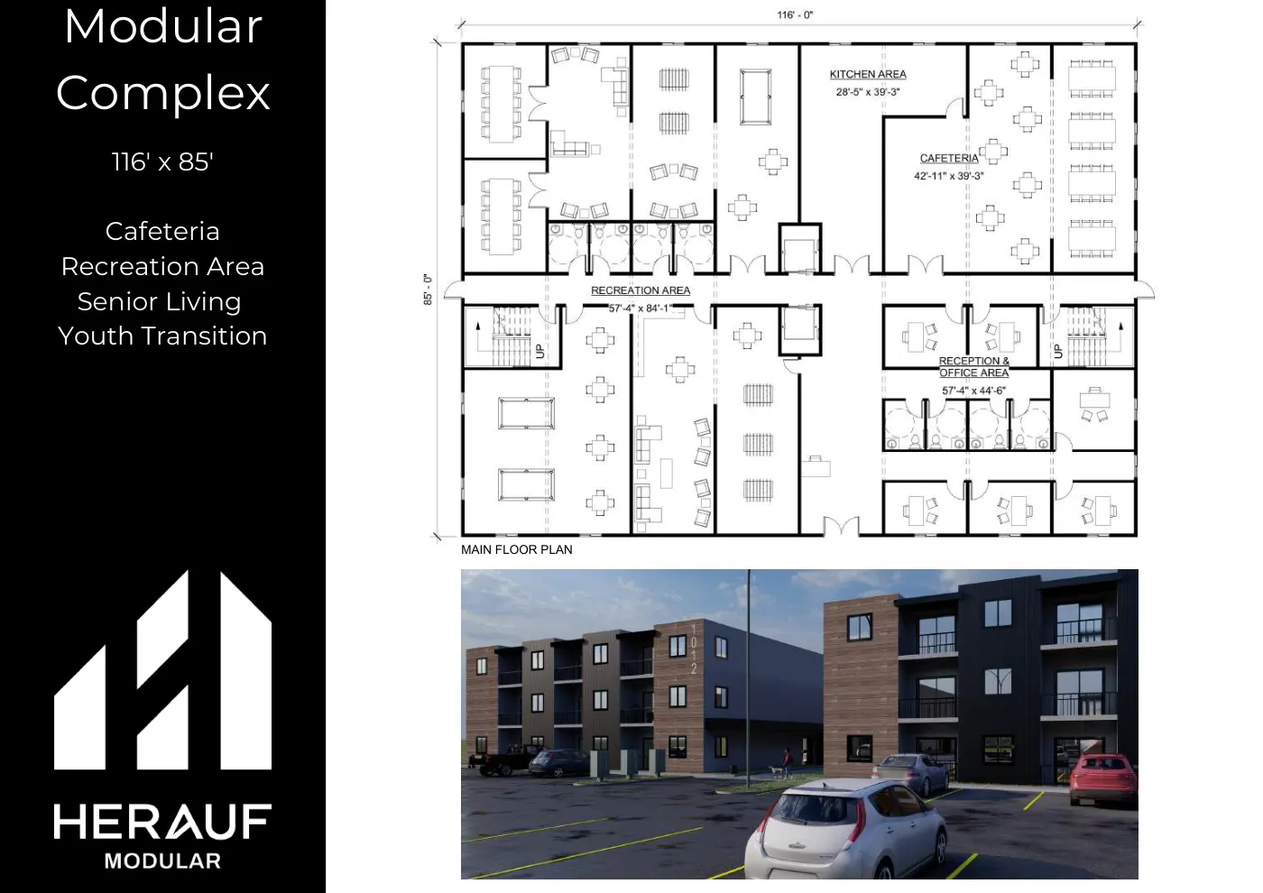 Modular Complex brochure page: floor plan and specifications