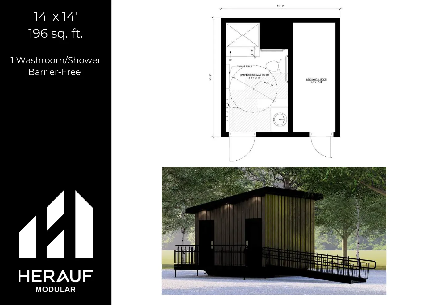 14' × 14' Washroom brochure page: floor plan and specifications