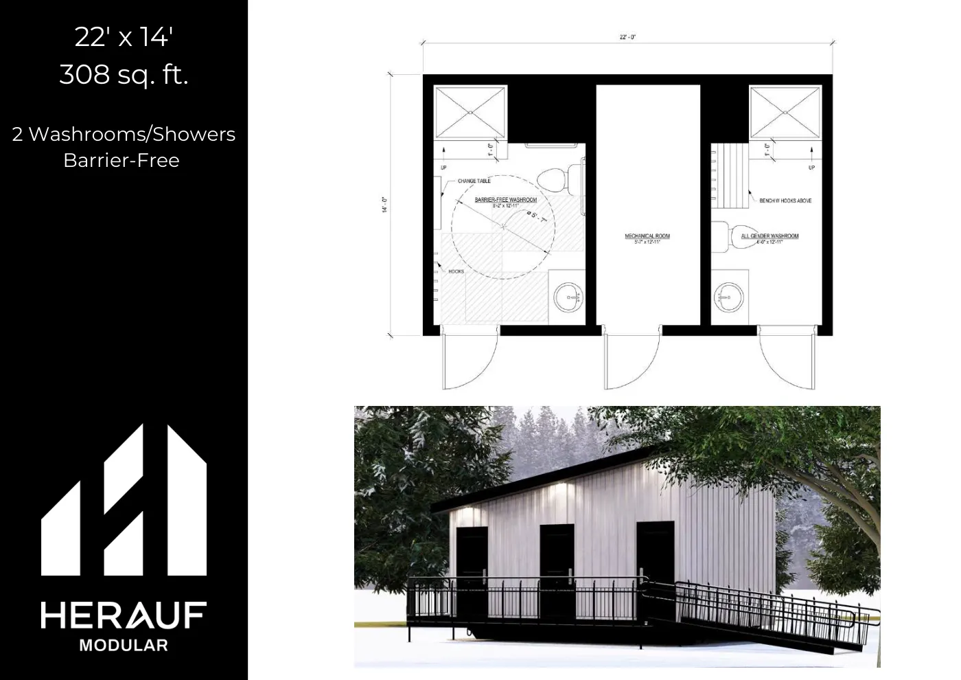 22' × 14' Washroom brochure page: floor plan and specifications