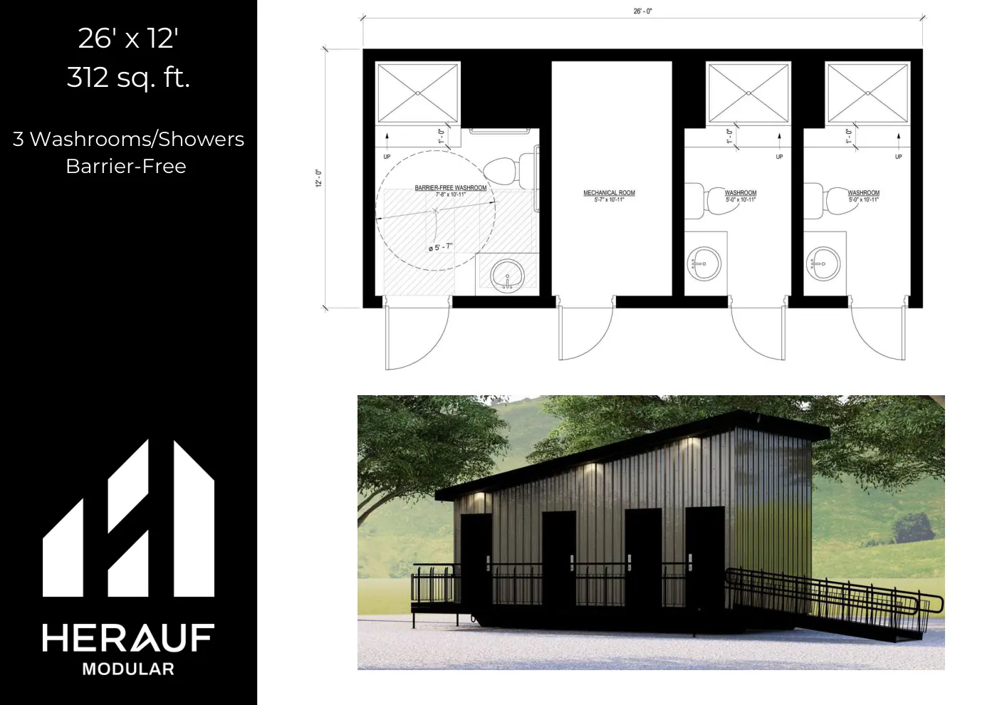 26' × 12' Washroom brochure page: floor plan and specifications
