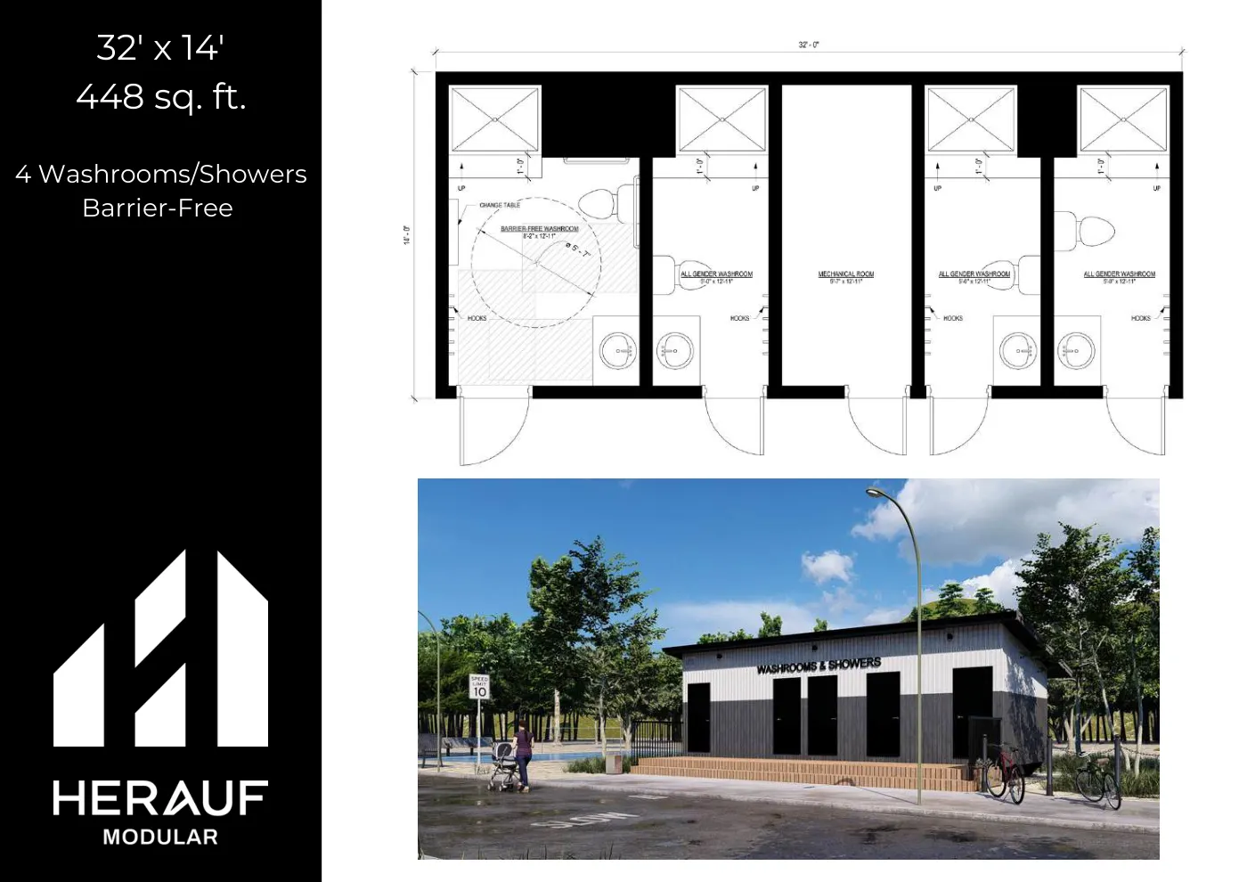 32' × 14' Washroom brochure page: floor plan and specifications