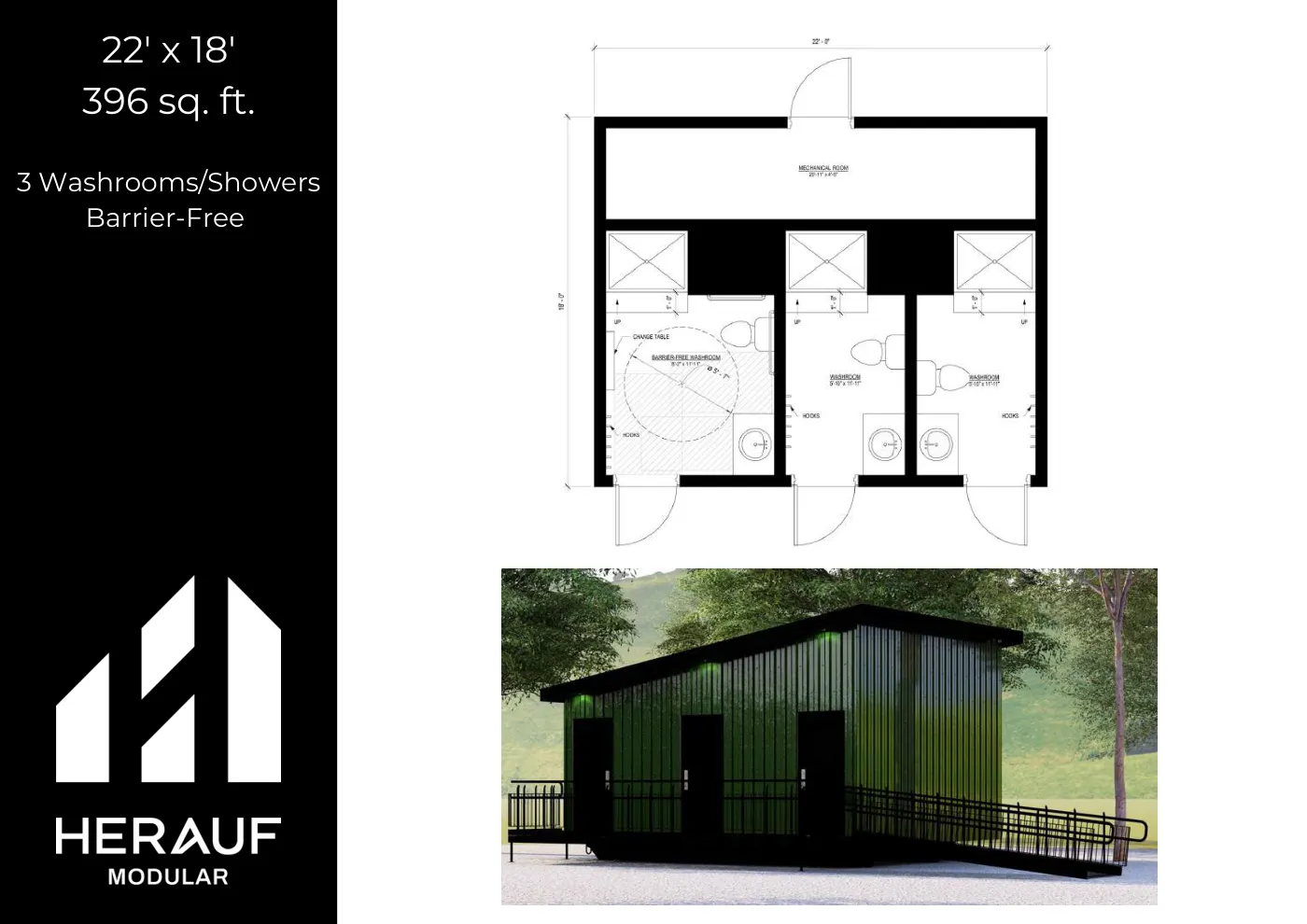 22' × 18' Washroom brochure page: floor plan and specifications