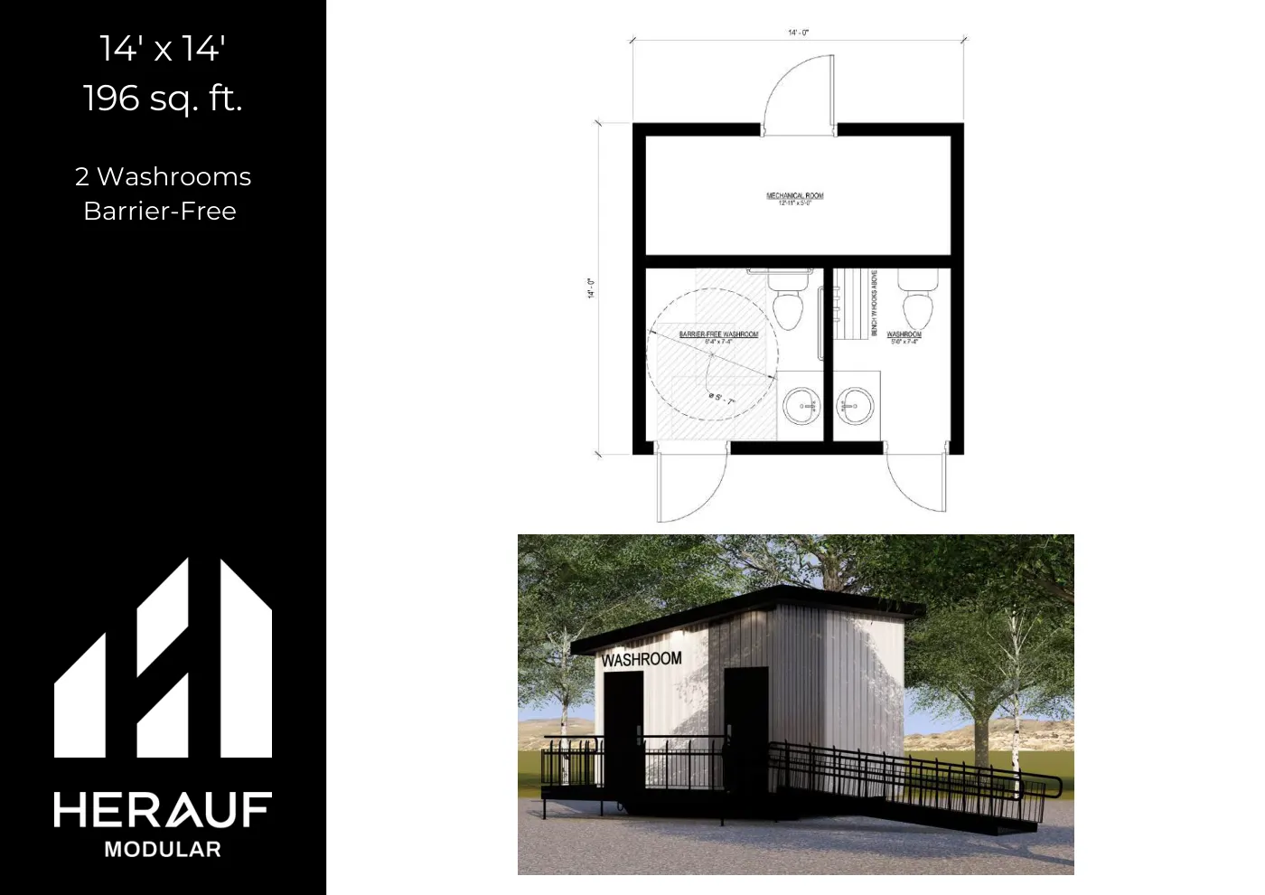 Washroom unit, 14' × 14' floor plan page from the Washrooms & Showers Brochure