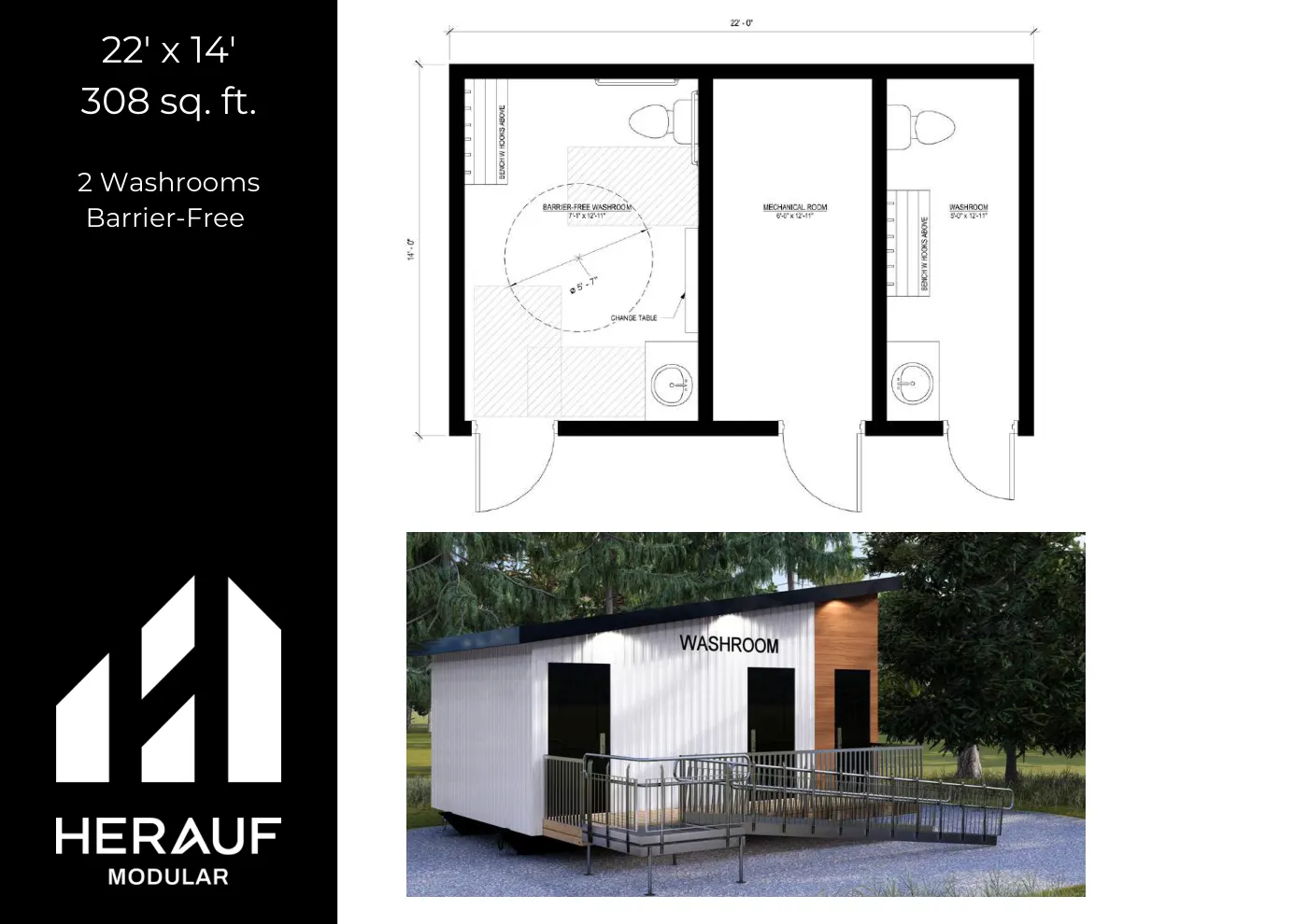 Washroom unit, 22' × 14' floor plan page from the Washrooms & Showers Brochure
