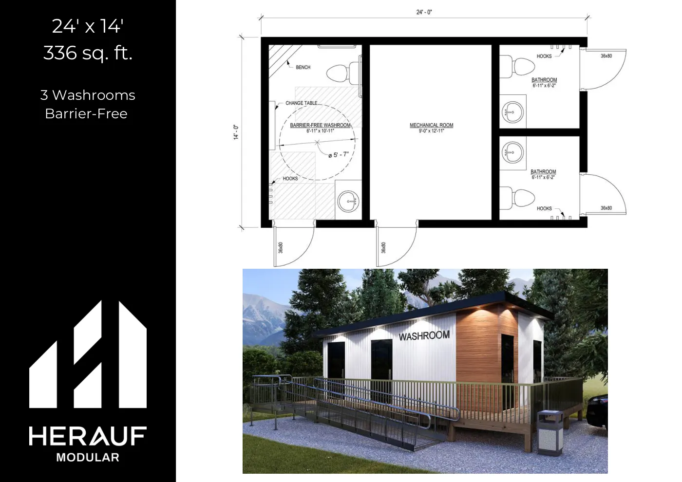 24' × 14' Washroom brochure page: floor plan and specifications