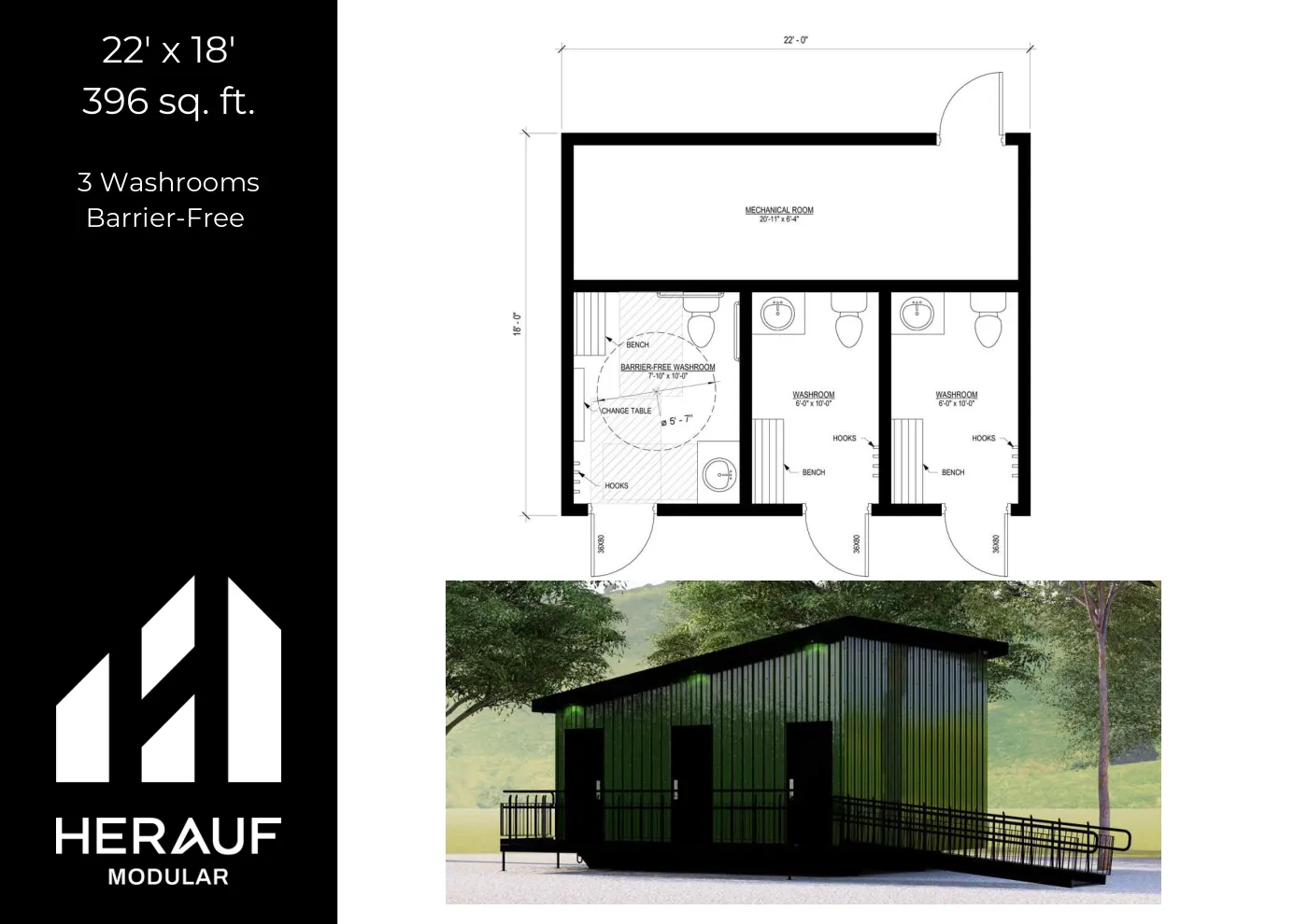 Washroom unit, 22' × 18' floor plan page from the Washrooms & Showers Brochure