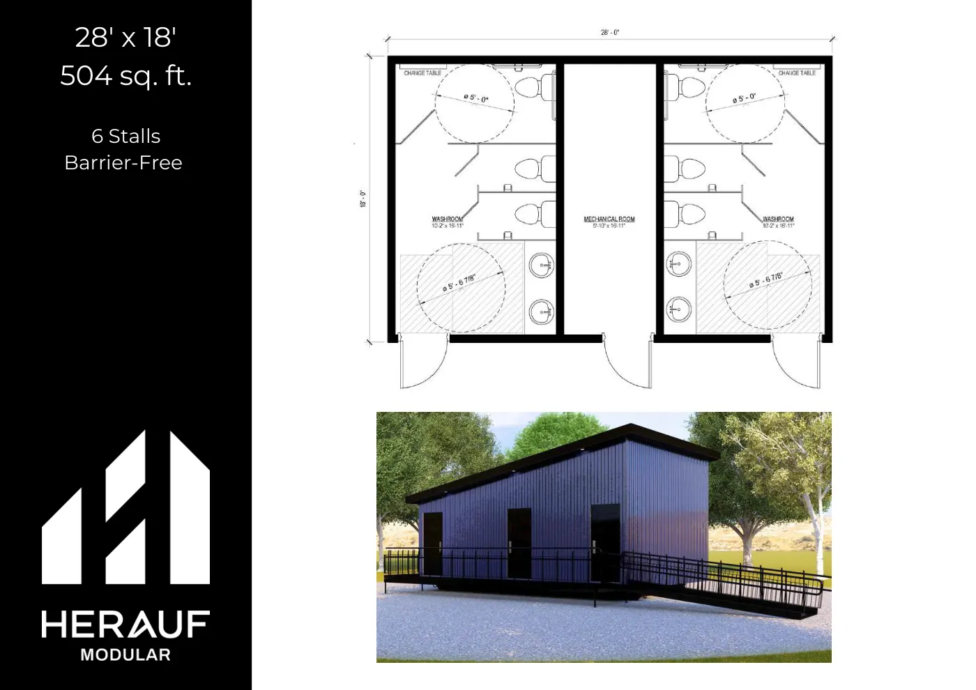28' × 18' Washroom brochure page: floor plan and specifications