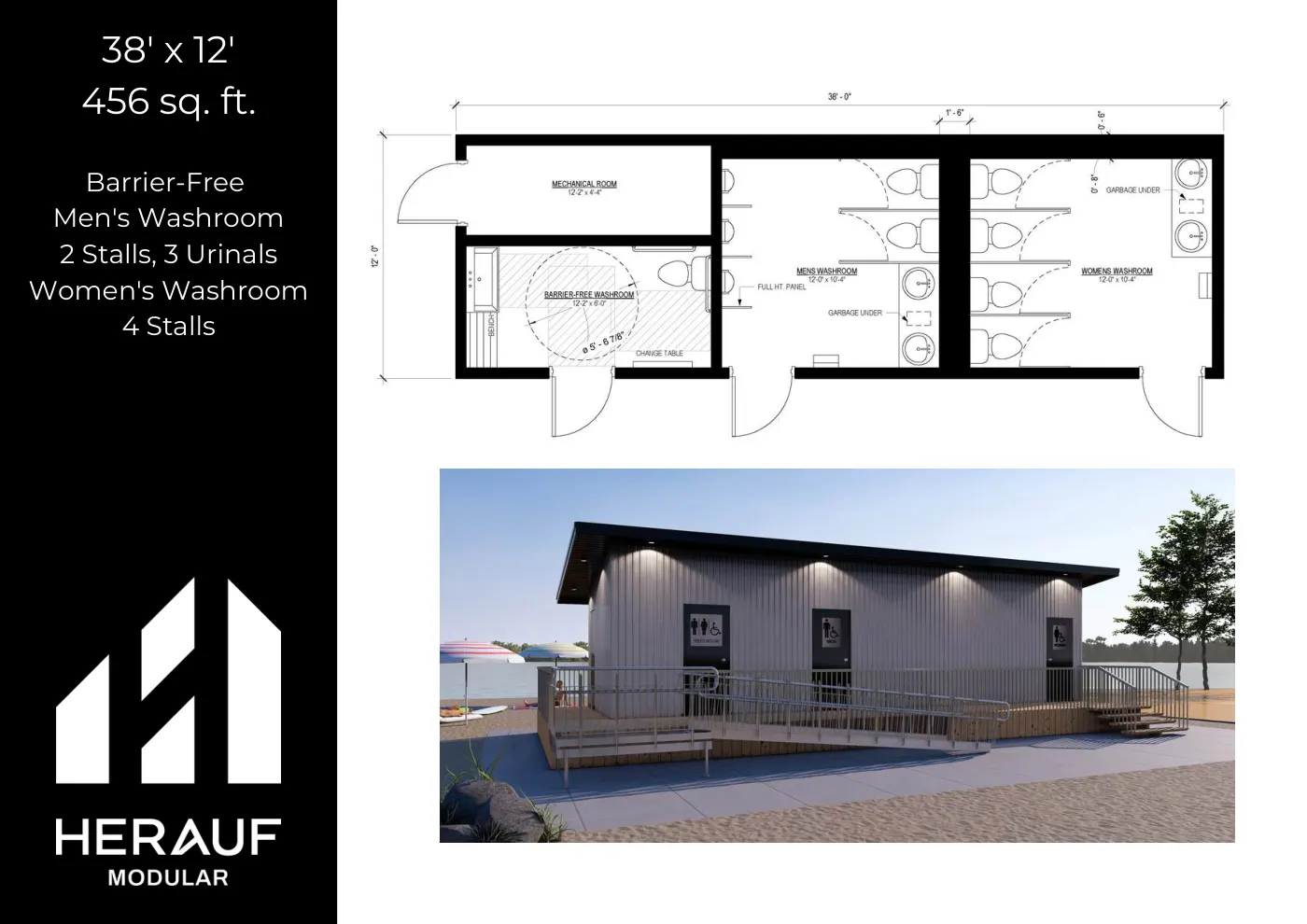 38' × 12' Washroom brochure page: floor plan and specifications