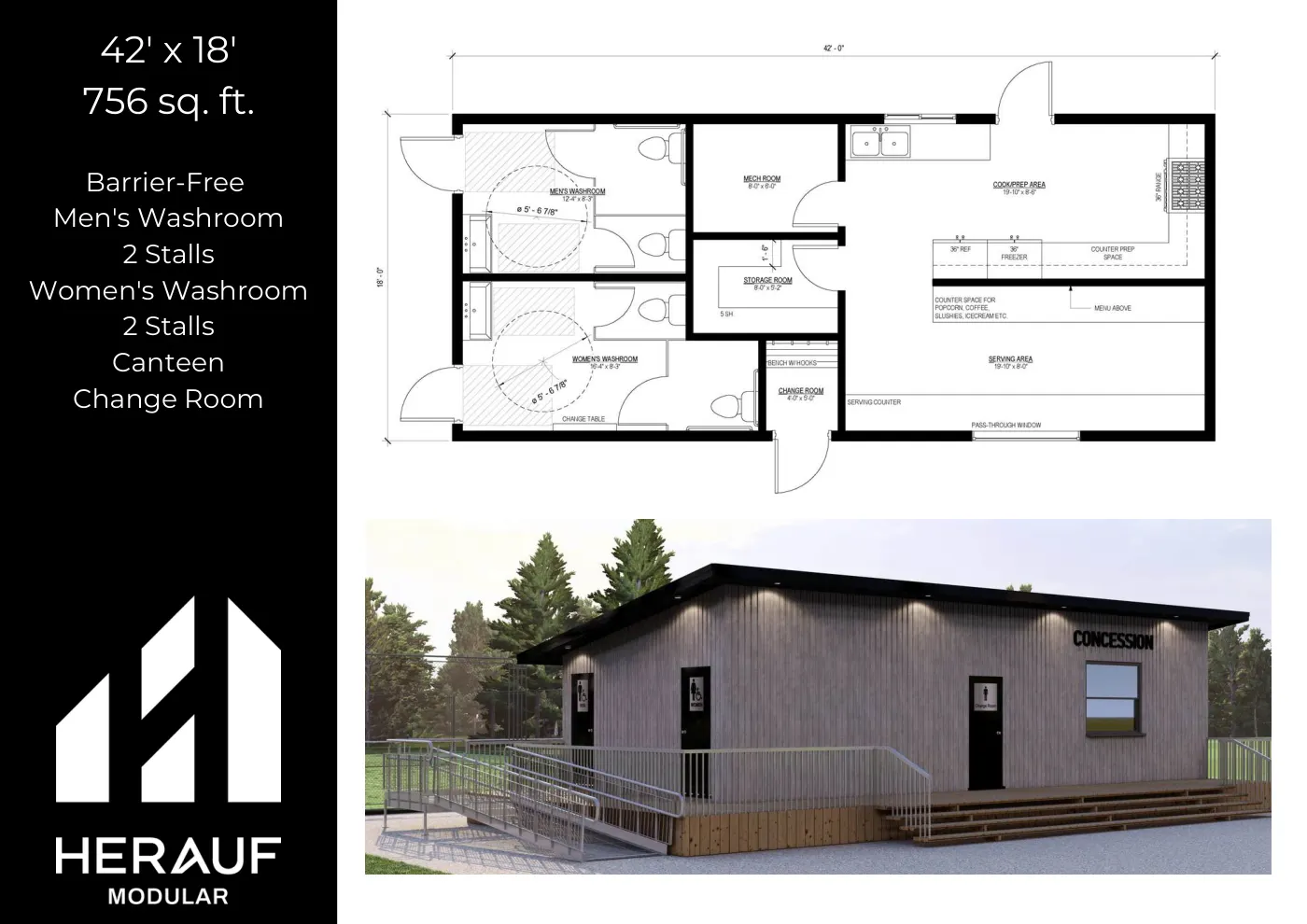 42' × 18' Washroom brochure page: floor plan and specifications