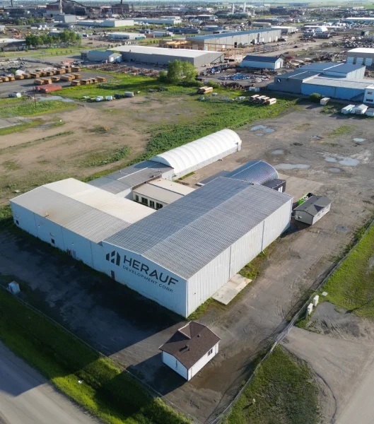 Aerial view of a Herauf manufacturing facility and yard