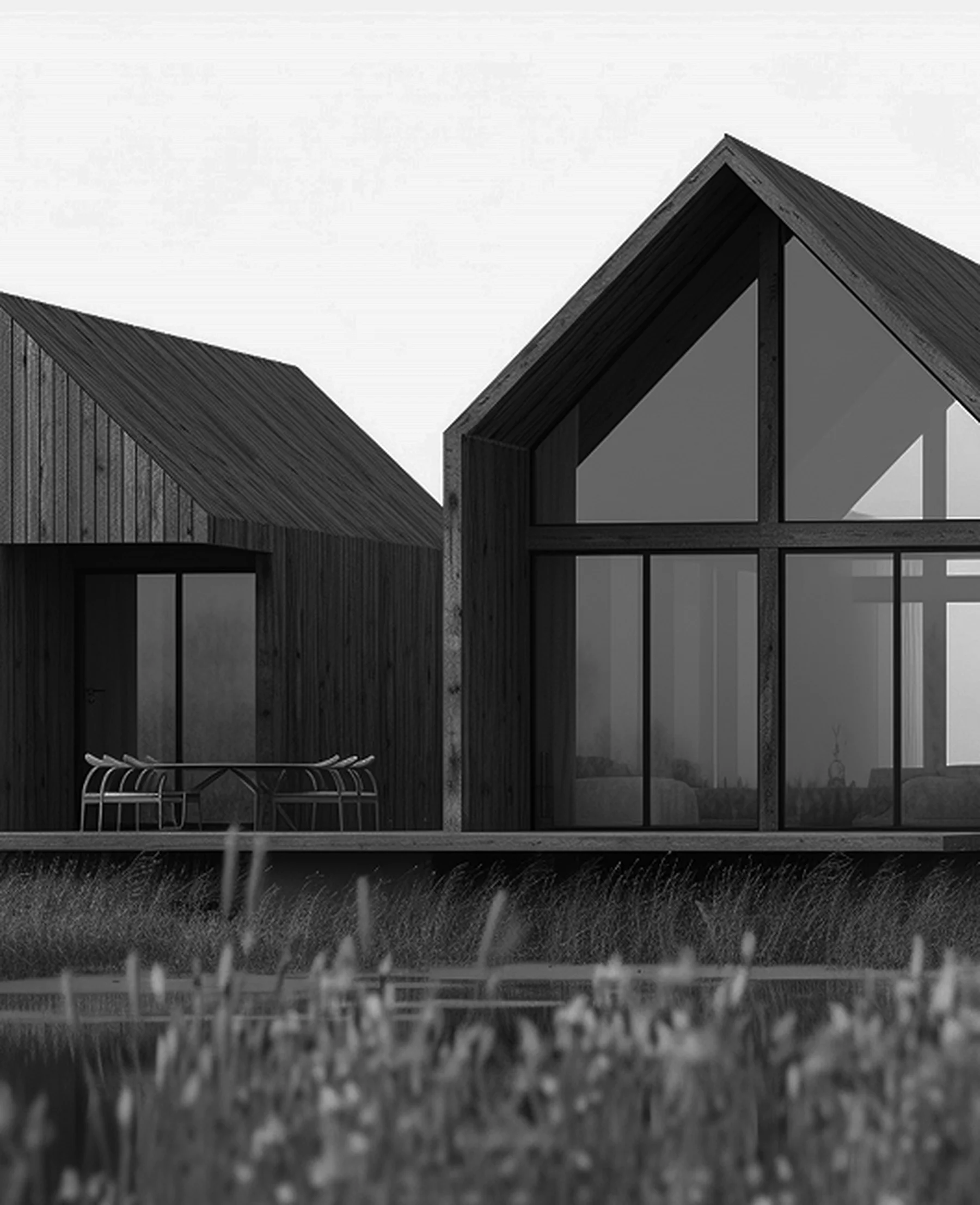 Dark-clad Herauf modular buildings with gabled rooflines