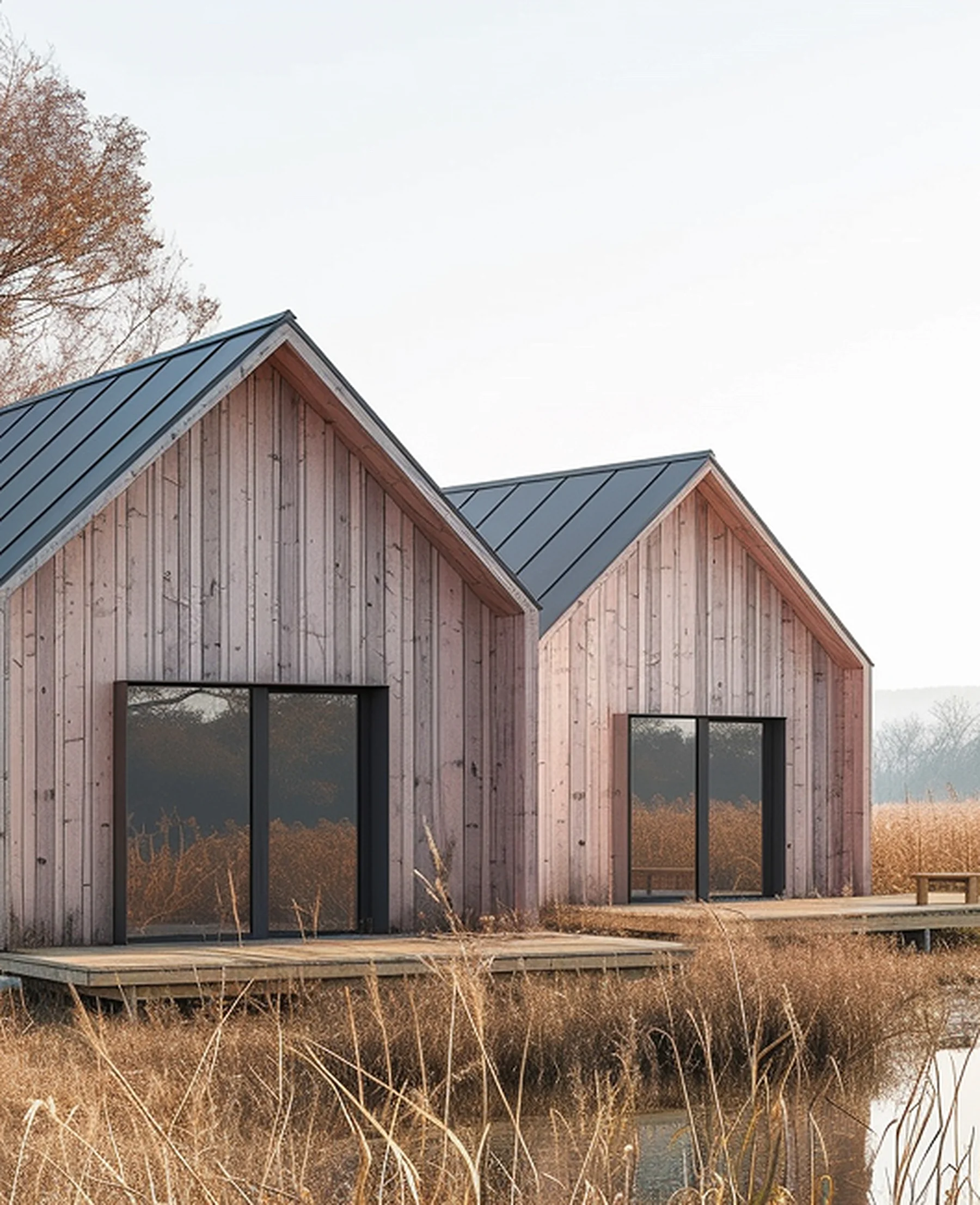 Timber-clad Herauf modular buildings beside the water