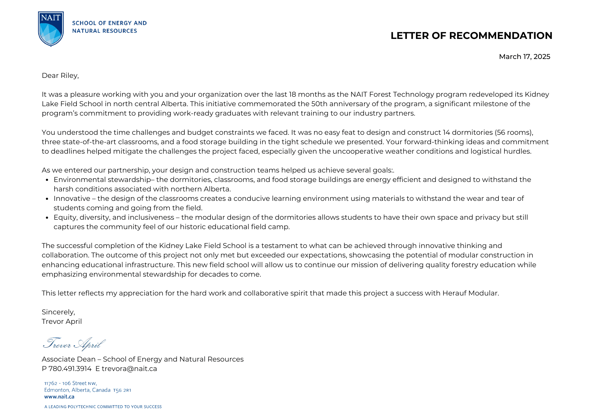 Reference letter from NAIT