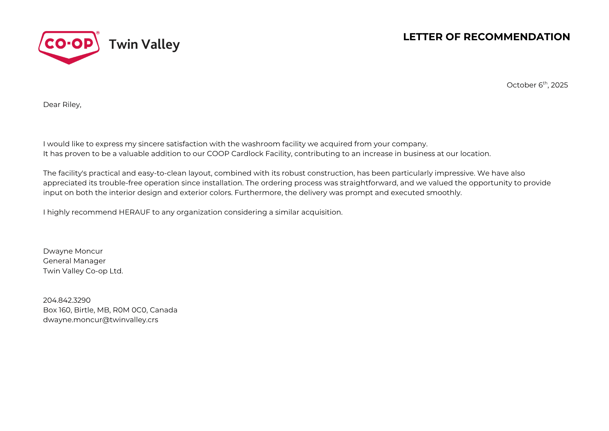 Reference letter from Twin Valley Co-op