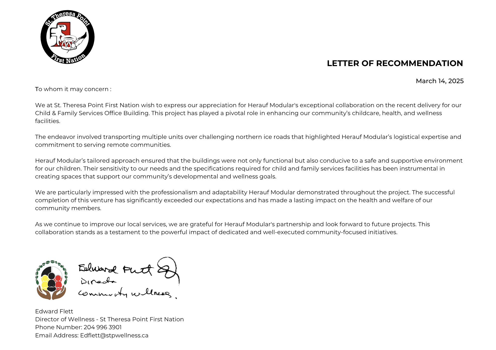 Signed reference letter from St. Theresa Point for Herauf Modular