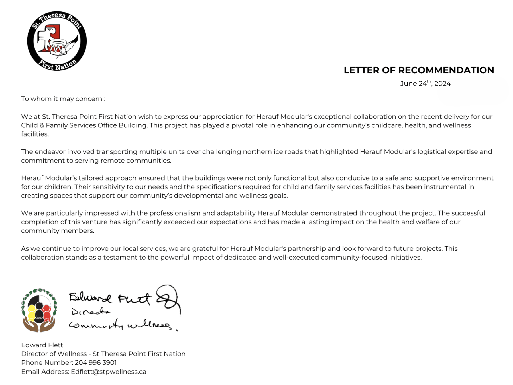Reference letter from St. Theresa Point