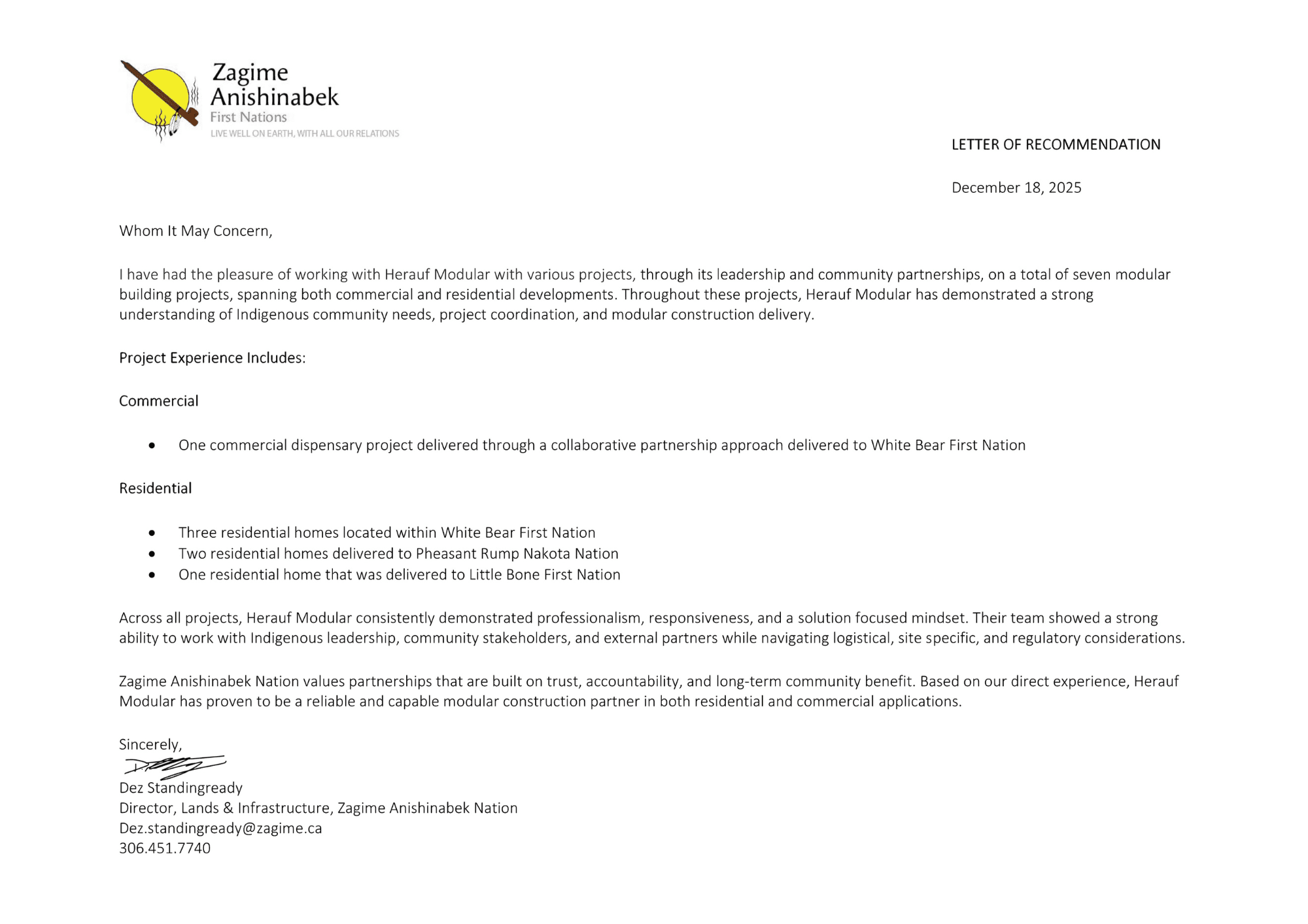 Reference letter from Zagime Anishinabek