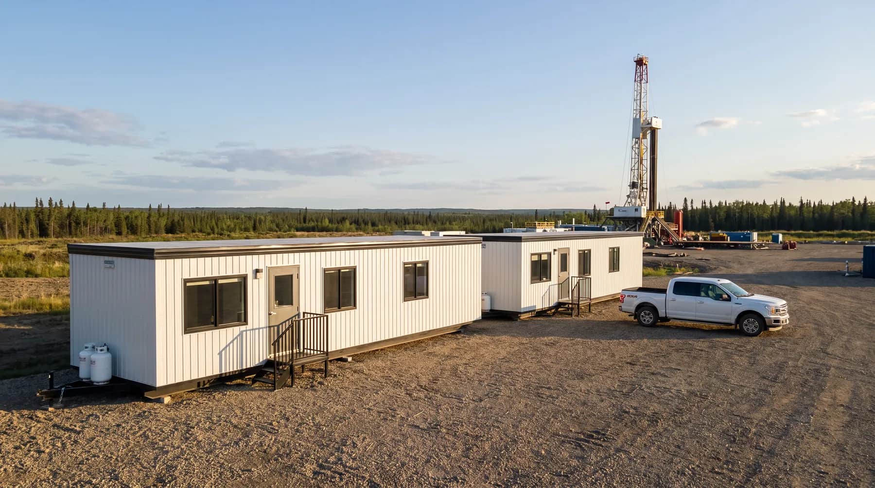 Two Herauf on-site quarters units on an industrial site, AI-assisted visualization