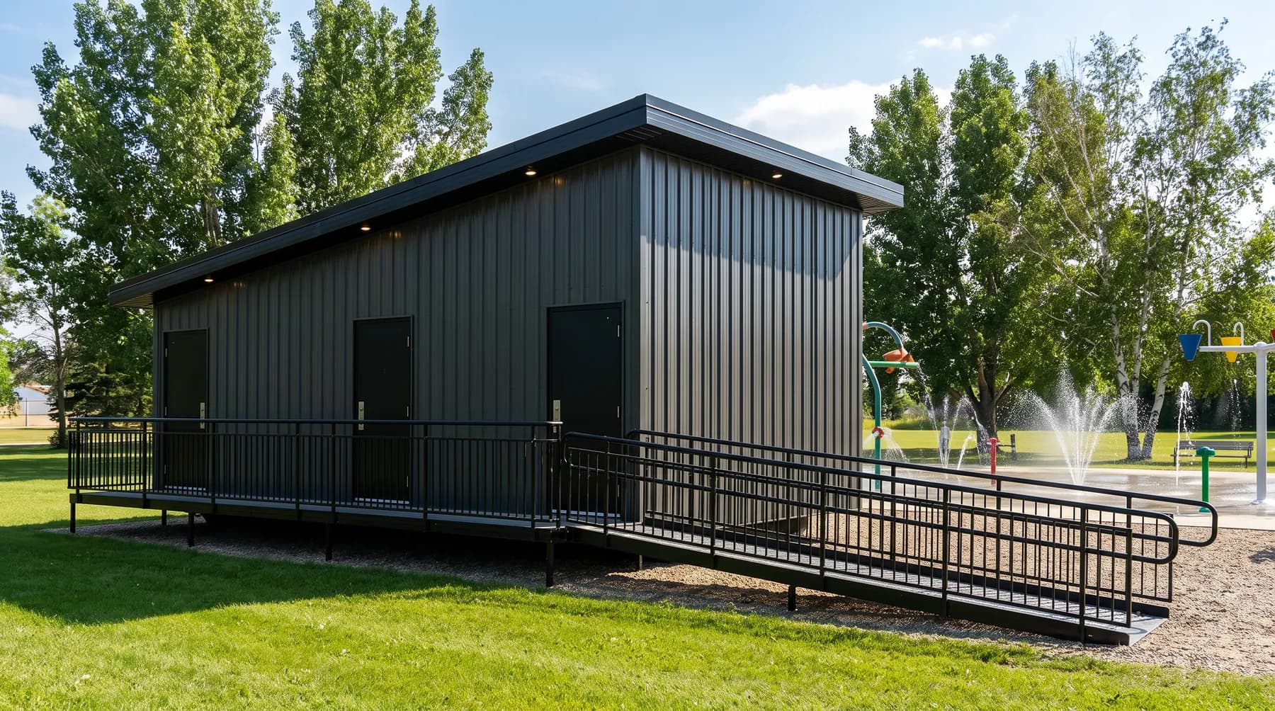The Herauf washroom design in a town park beside a spray park, AI-assisted visualization