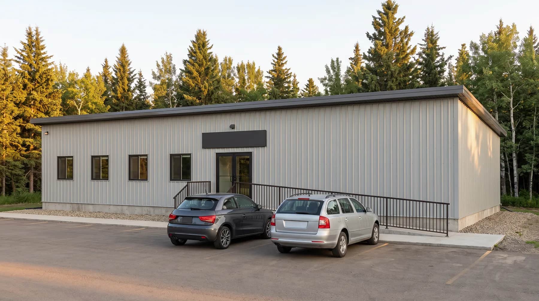 The Herauf modular wellness centre design on a treed lot, AI-assisted visualization