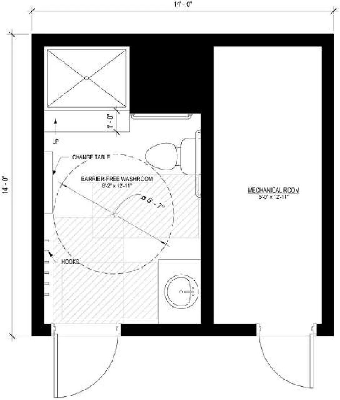 14' × 14', floor plan 1, brochure page 4