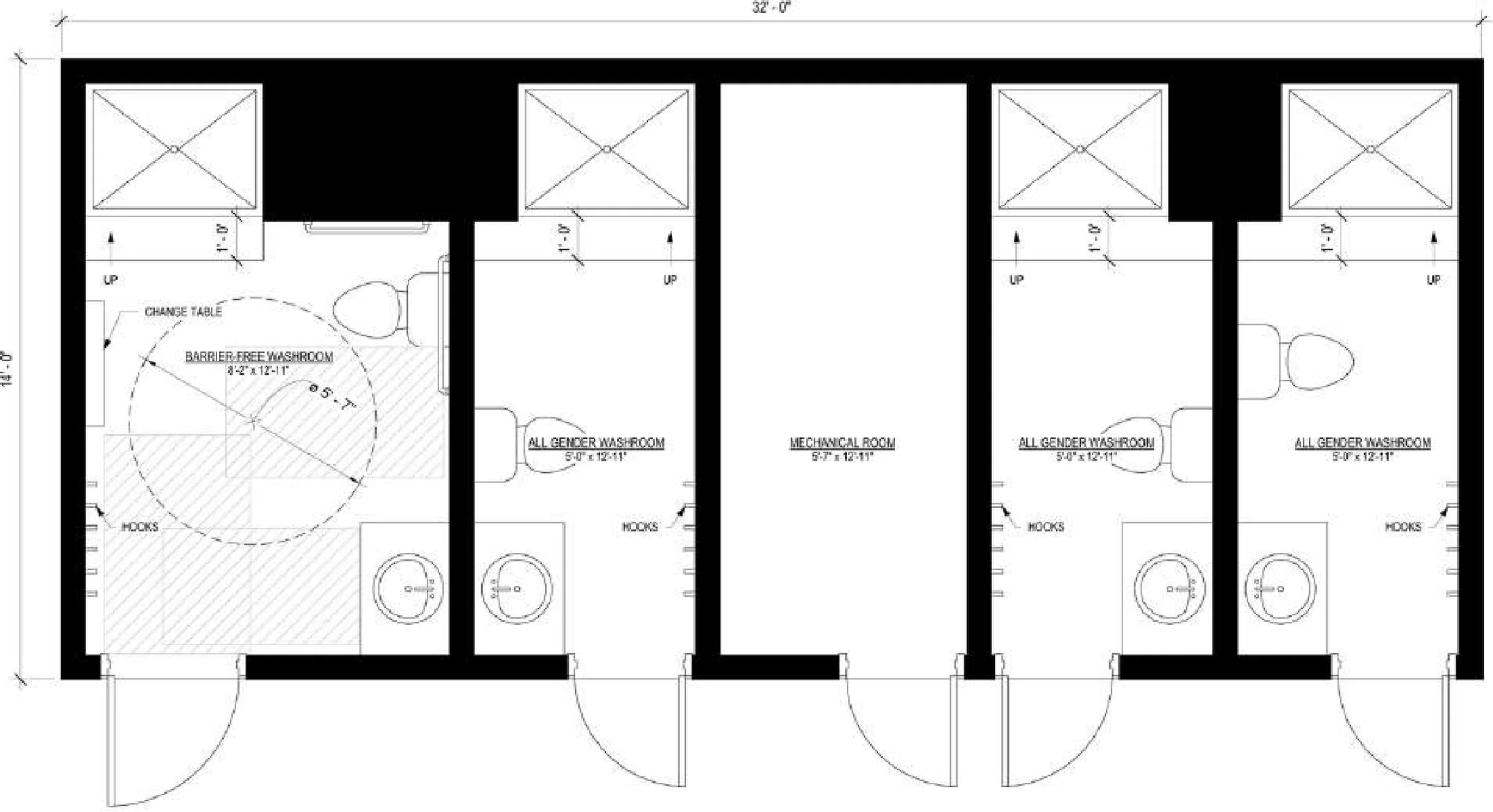 32' × 14', floor plan 1, brochure page 9