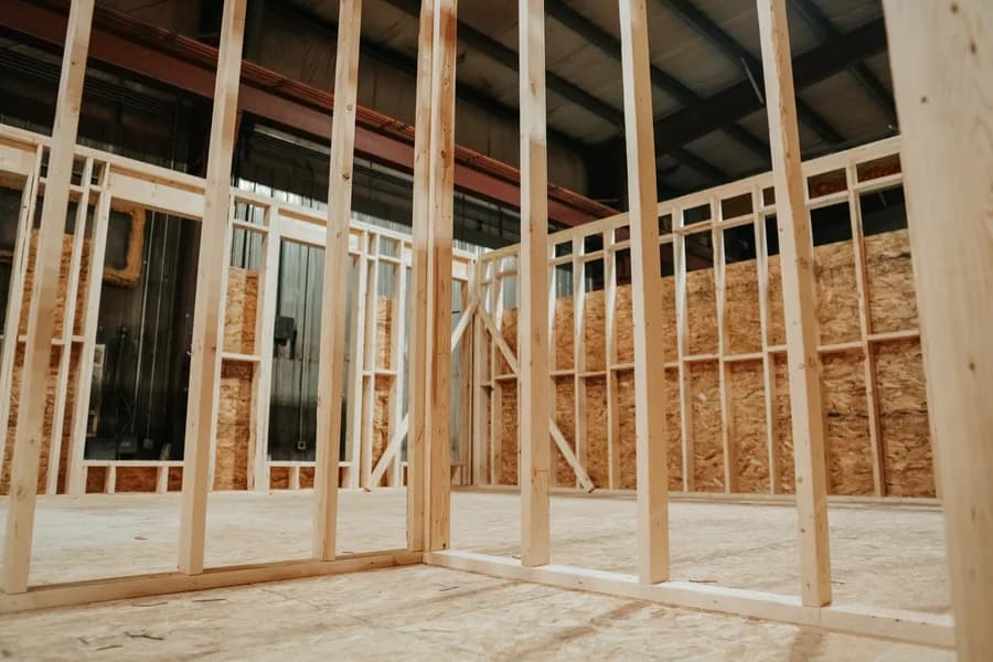 Interior wall framing in a Herauf module under the plant roof