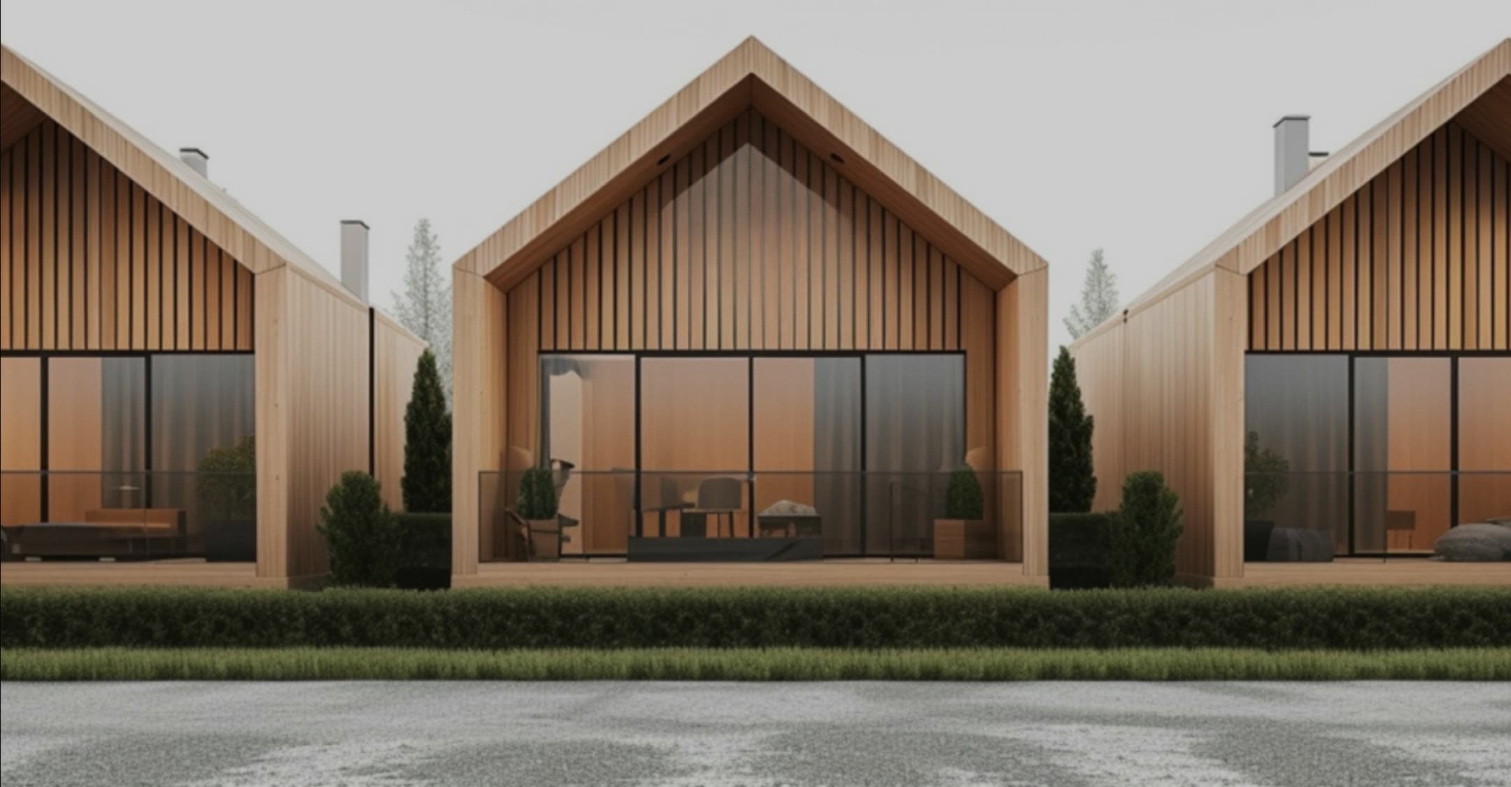 A row of gabled timber modular homes, from the original Herauf Enterprises site