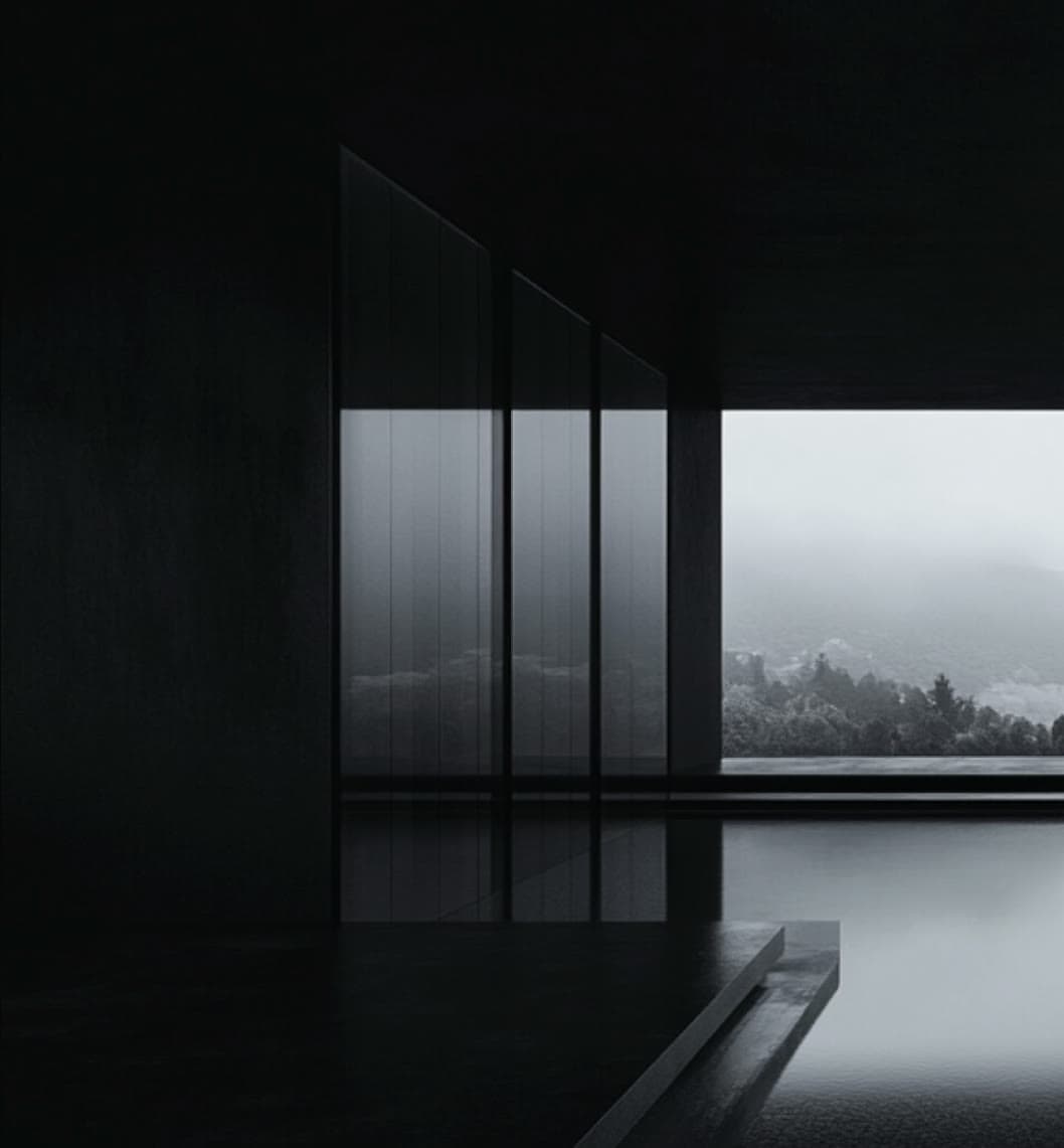 A dark interior opening onto a mountain view