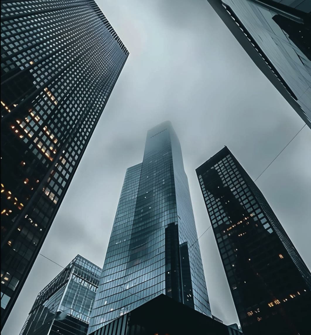 Skyscrapers rising into fog
