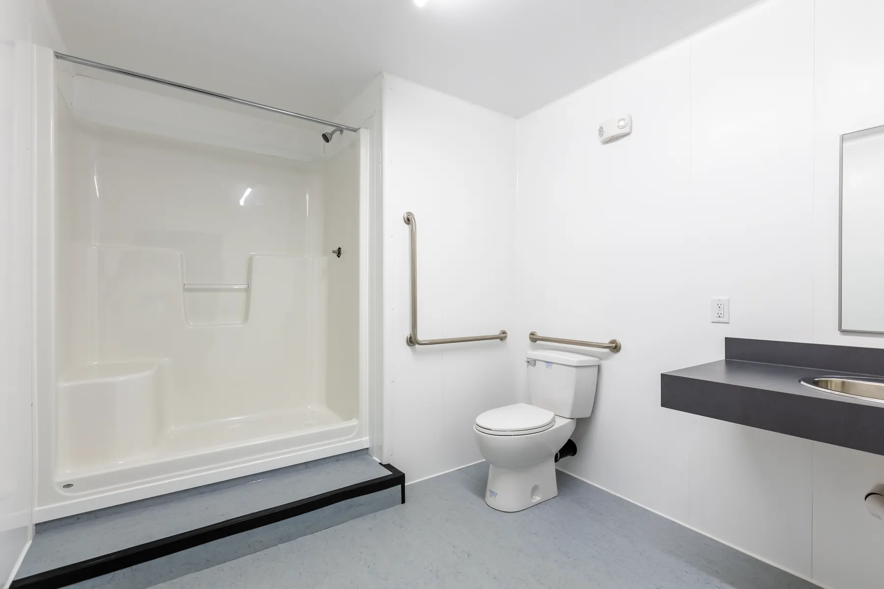 Barrier-free shower and washroom interior finished in the factory