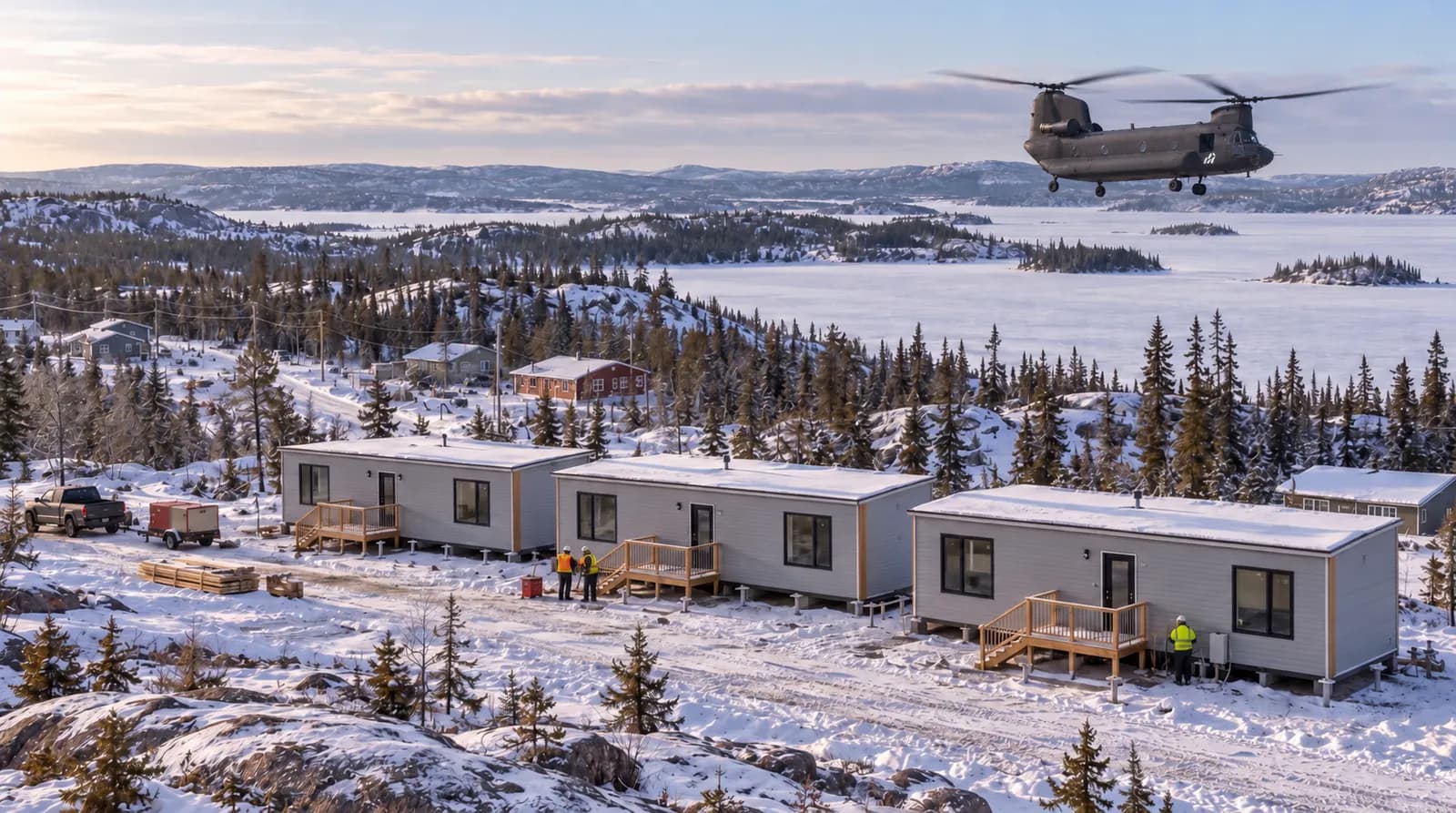 A helicopter over a row of finished modular homes in a winter community, AI-assisted visualization