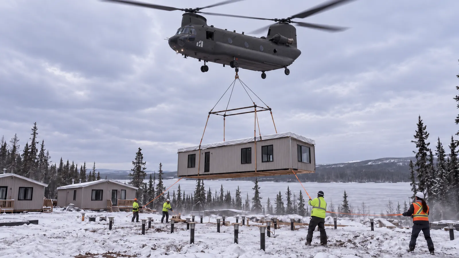 A helicopter lowering a Herauf module onto piles at a snowy lakeside community, AI-assisted visualization