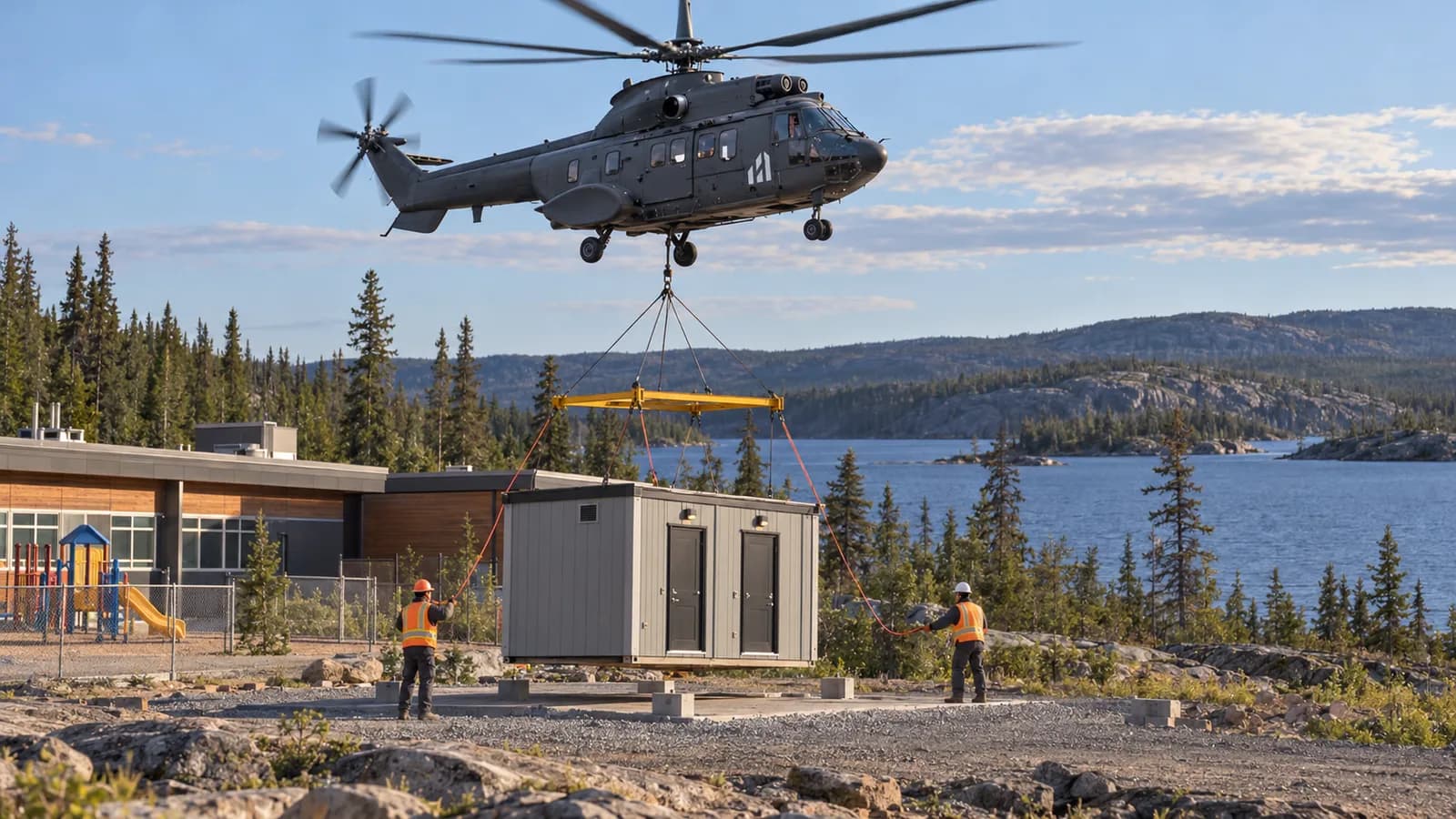 A helicopter setting a modular unit beside a school by a lake