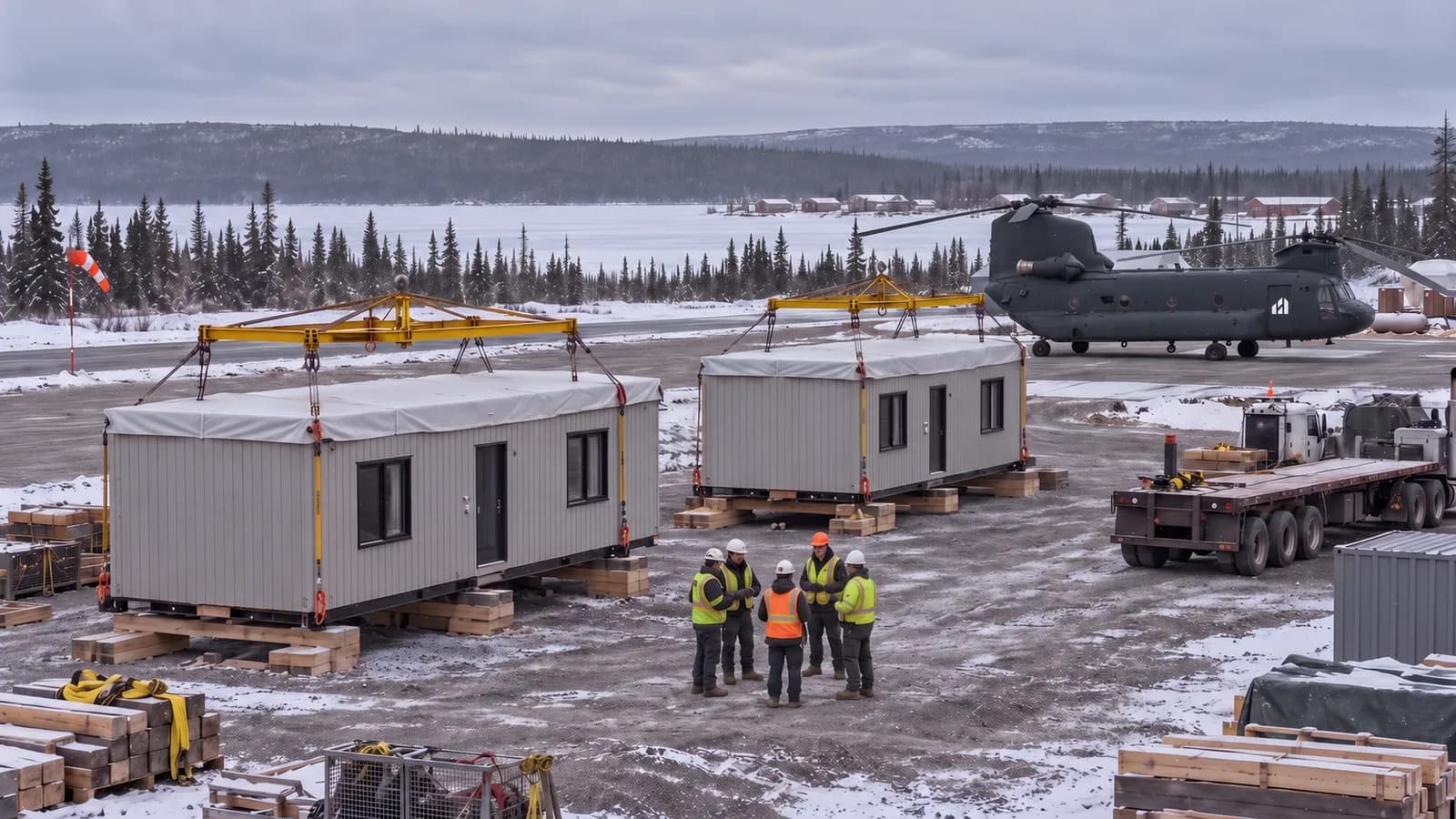 Modules on a snowy staging yard, a crew briefing and a helicopter waiting behind