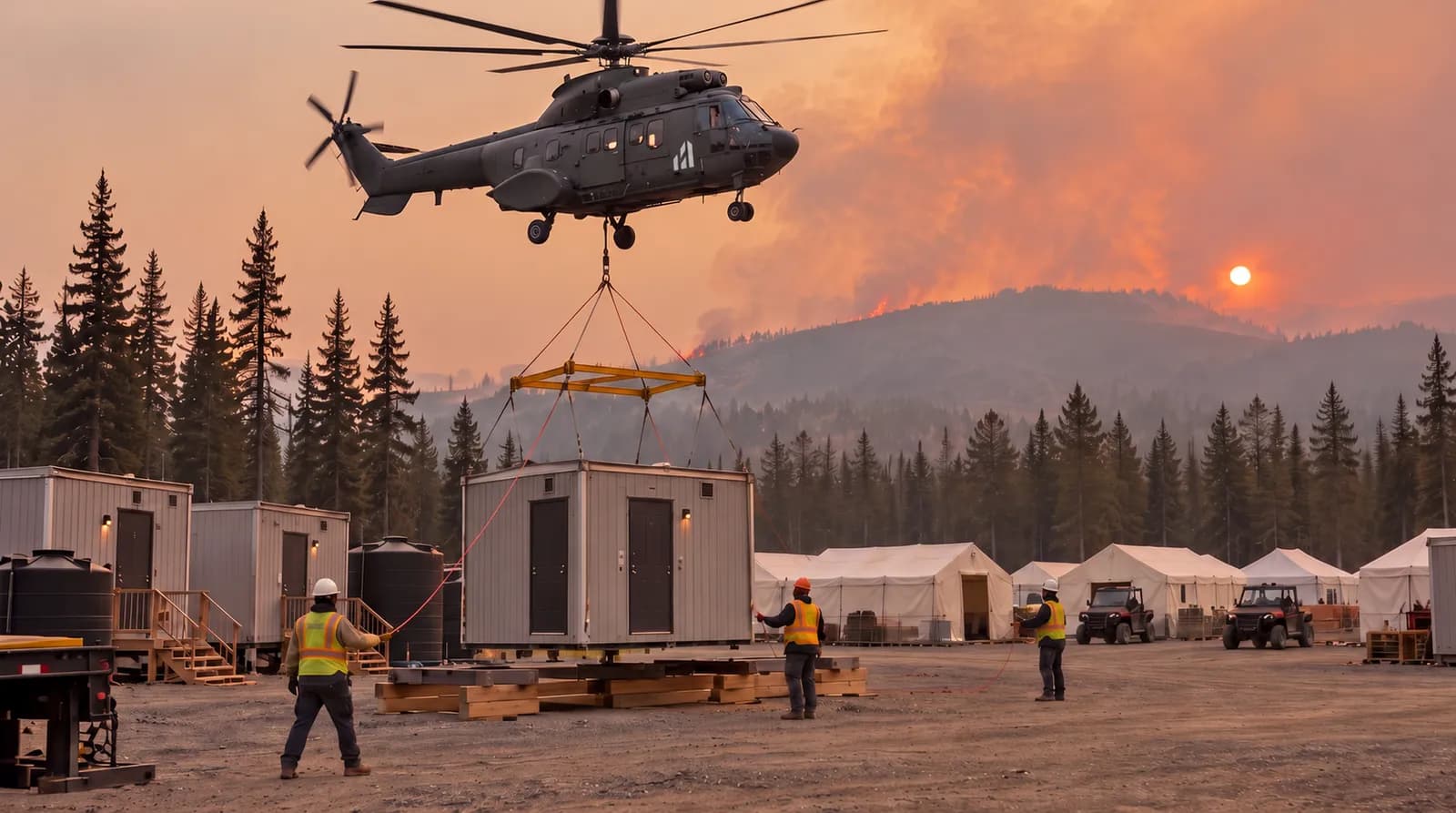 A helicopter placing a module at a wildfire response camp under a smoky sky