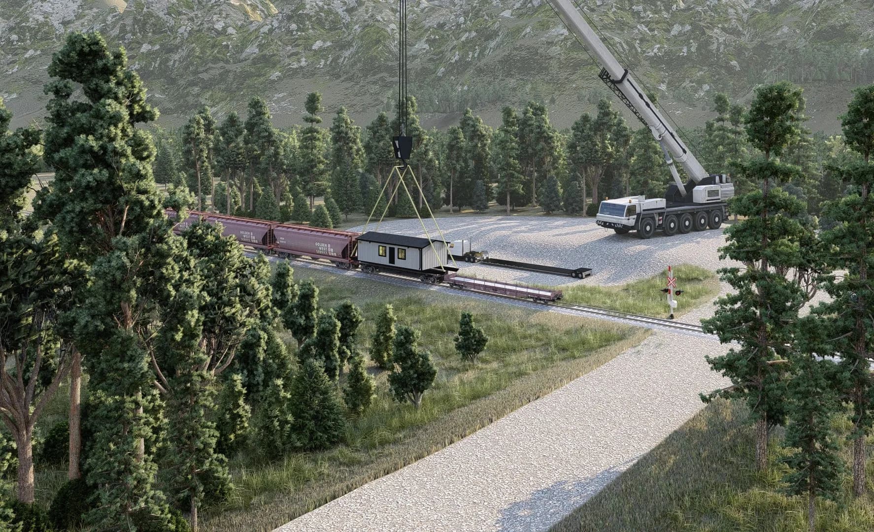 A Herauf module craned from rail for the next leg of its journey