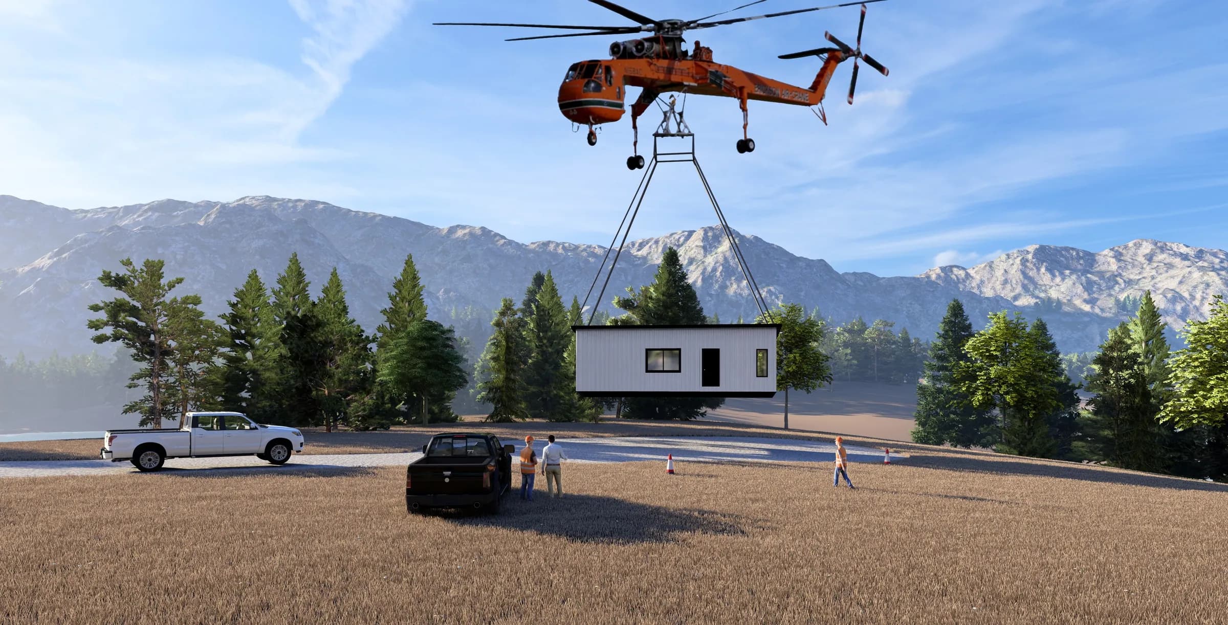 Heavy-lift helicopter lowering a Herauf module onto a prepared site in the mountains